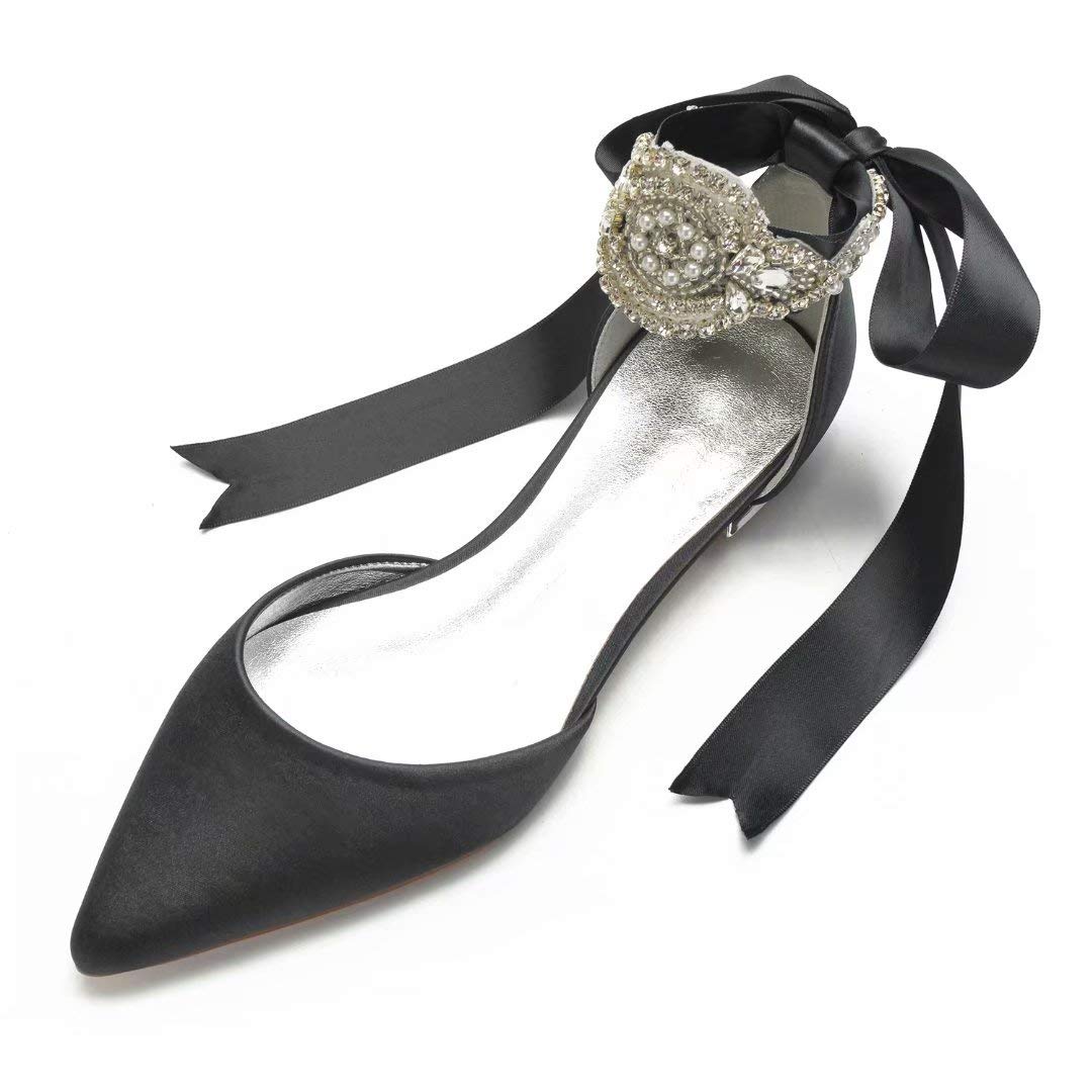 Satin Crystal Wedding Flats for Bride - Pointed Toe Ribbon Tie Party Dress Shoes for Women - Elegant Bridal Shoes for Wedding, Reception & Special Occasions