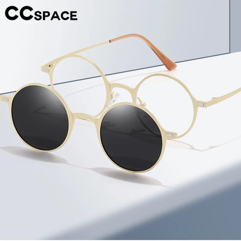 CCspace Women's Full Rim Round Alloy Eyeglasses with Clip-On Sunglasses - Stylish & Lightweight Frame for Reading, Driving, and Outdoor Activities (Model 302147)