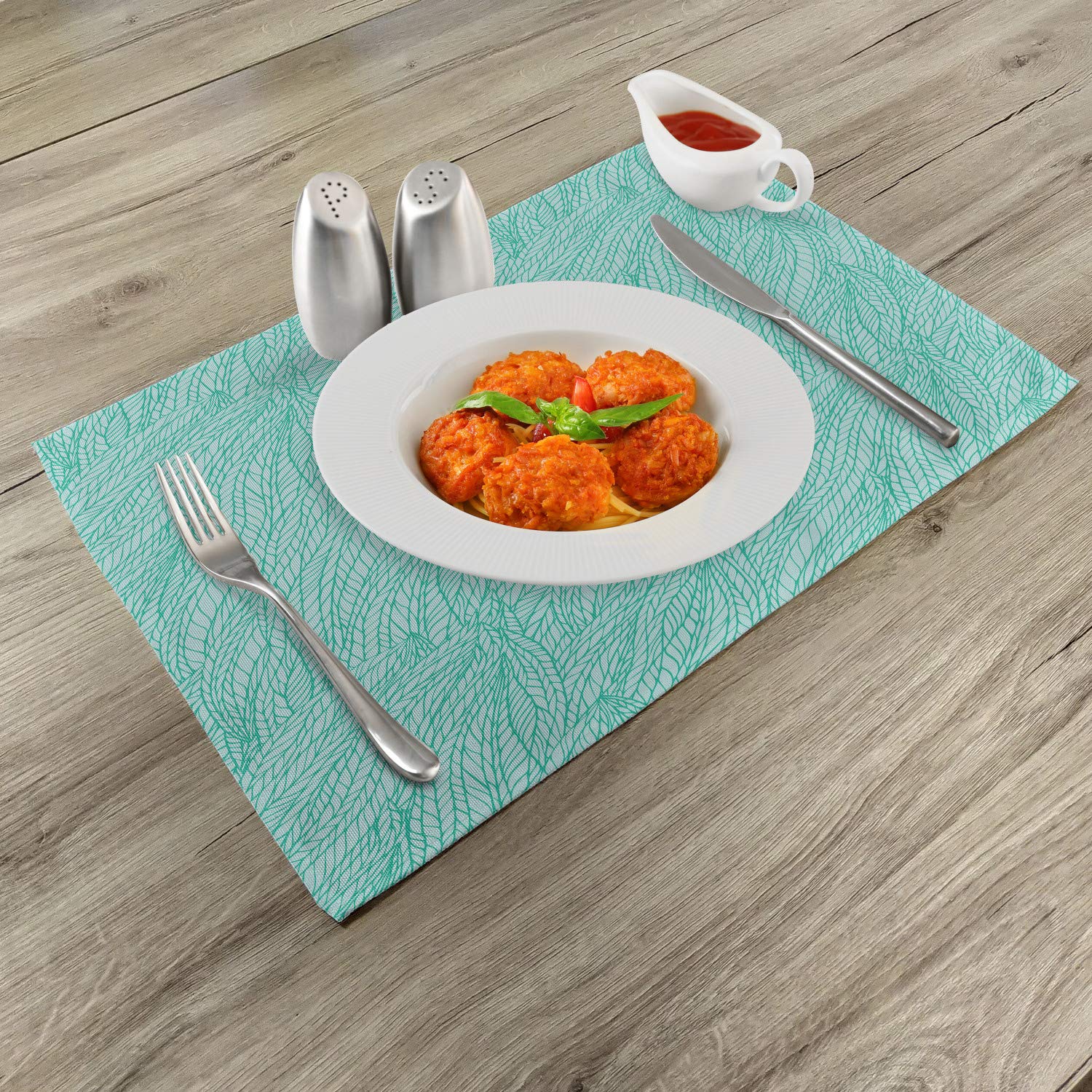 Ambesonne Teal Place Mats Set of 4 - Abstract Leaf & Plant Wavy Pattern Monochrome Art Print - Washable Fabric Placemats for Dining Table & Kitchen Decor - Perfect for Dinner Parties, Holiday Meals & Everyday Use