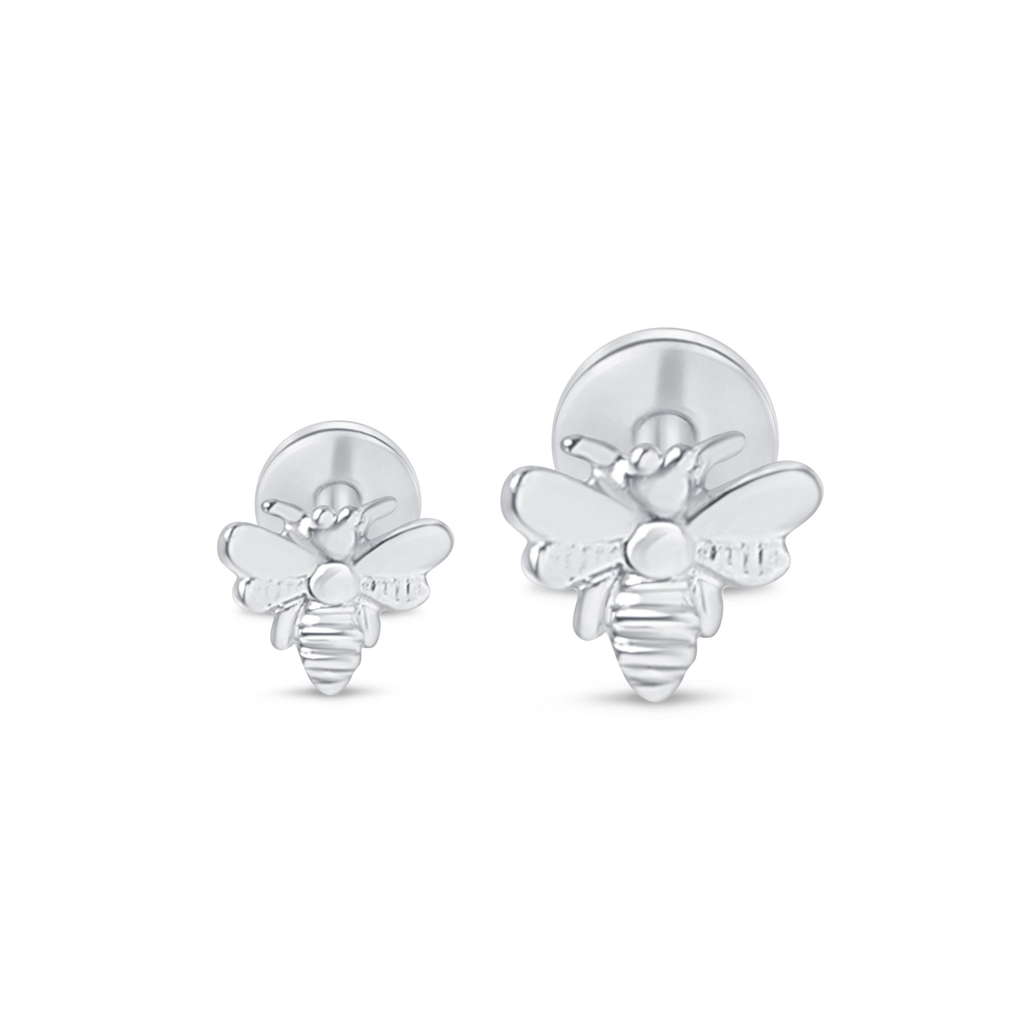Minimalist Bee Flat Back Stud Earrings in Solid 14k White Gold - Dainty Jewelry for Everyday Wear, Gift for Her, Wedding, Anniversary