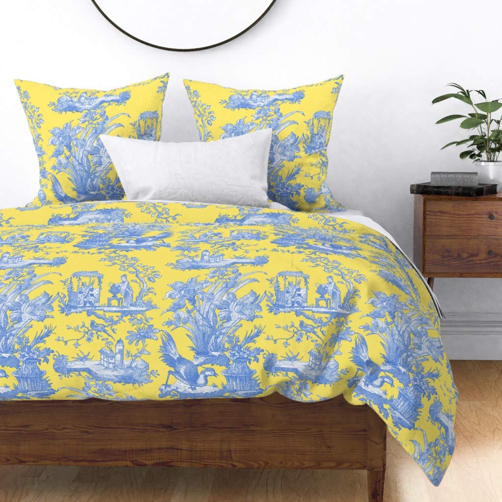 Luxury Cotton Sateen Duvet Cover Full/Queen Size - Chinoiserie Toile Lemon Yellow Asian Print Custom Bedding Set | Elegant Home Decor for Master Bedroom, Guest Room & Airbnb