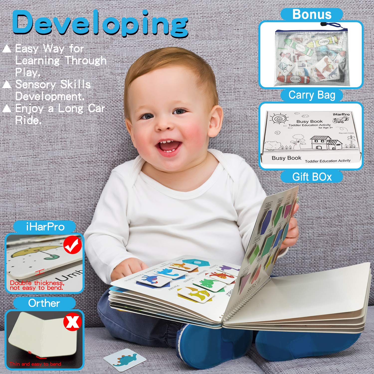 Montessori Busy Book for Toddlers - 12 Pages Preschool Learning Activity Binder with Sensory Toys for Autism, Fine Motor Skills Development - Educational Toys for Boys & Girls | Perfect for Travel, Classroom & Home Learning