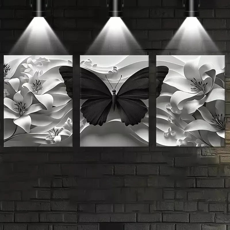 3-Piece Abstract Dark Butterfly with White Florals Wall Art Set - 50x70cm Framed Canvas Prints | High Quality Australian Made | Ready to Hang | Perfect for Living Room, Bedroom & Office Decor