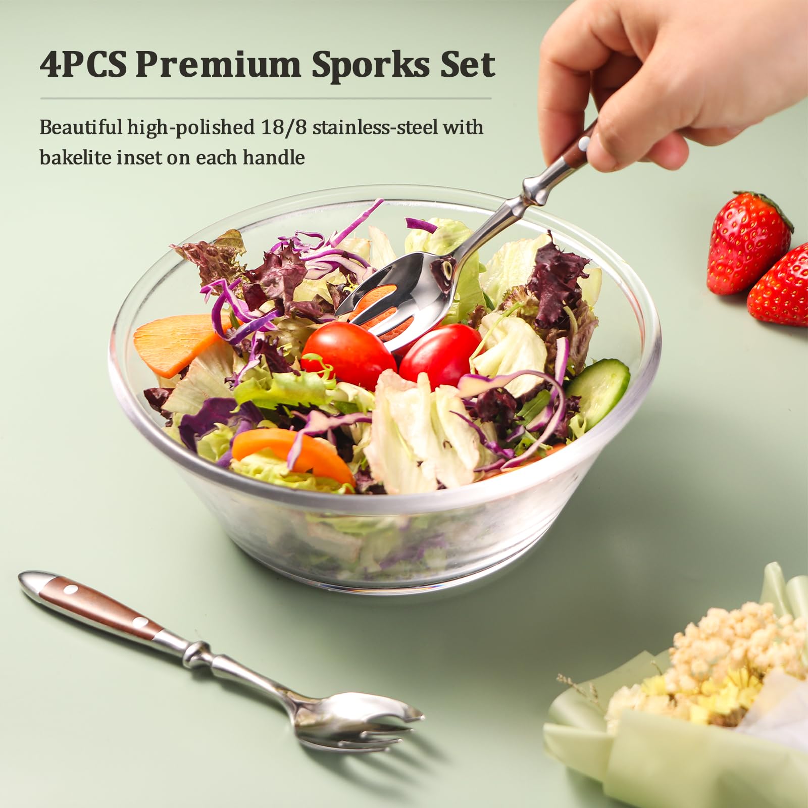 Premium 18/8 Stainless Steel Sporks Set of 4 - Durable Salad Forks & Spoons with Comfortable Wood Grain Bakelite Handle - Perfect for Picnics, Camping, BBQs, Office Lunches & Home Dining (Salad, Fruit, Dessert, Appetizer)