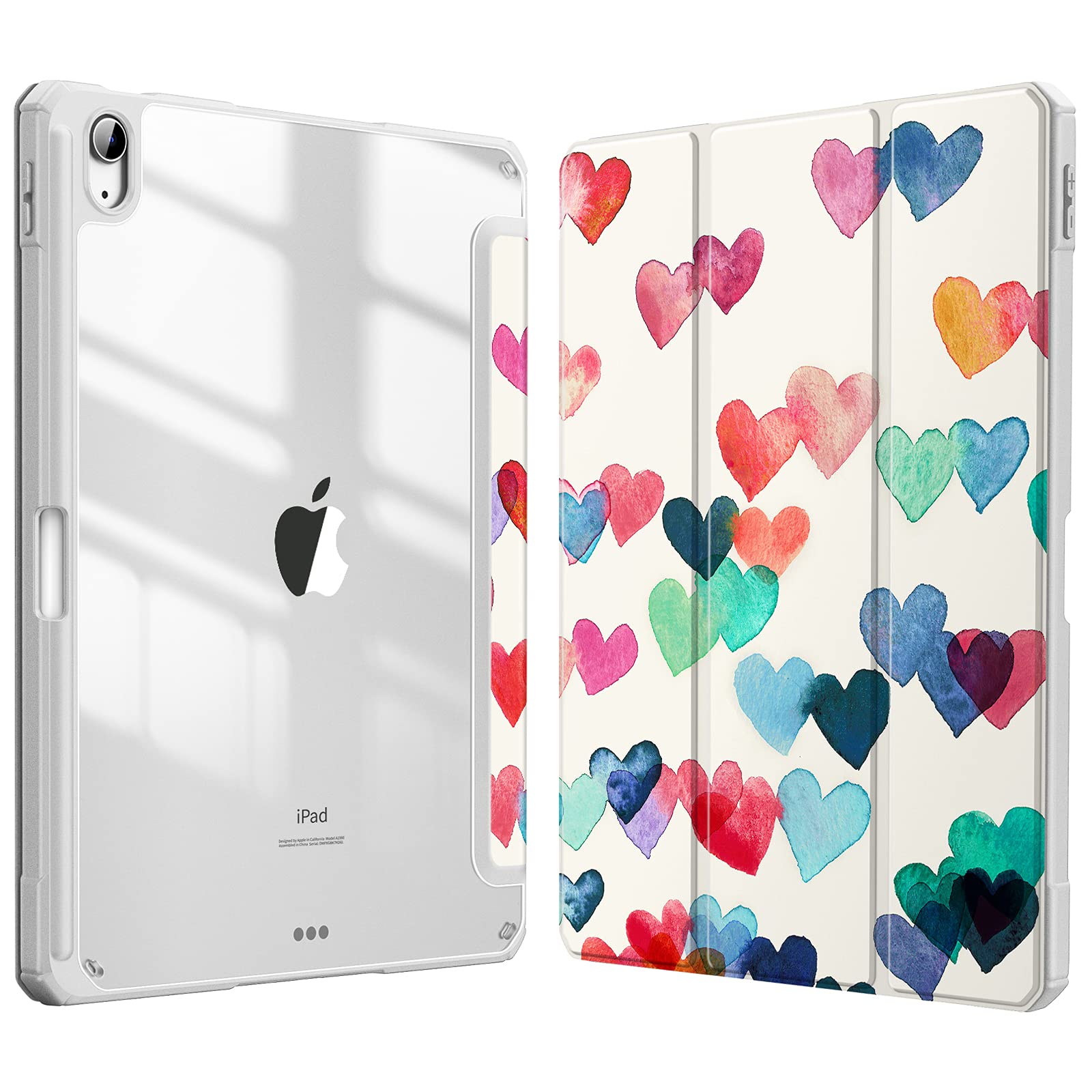 Fintie Hybrid Slim Shockproof Case for iPad Air 5th/4th Generation (10.9 Inch 2022/2020) - Clear Transparent Back with Built-in Apple Pencil Holder, Raining Hearts Design | Perfect for Work, School & Travel Protection