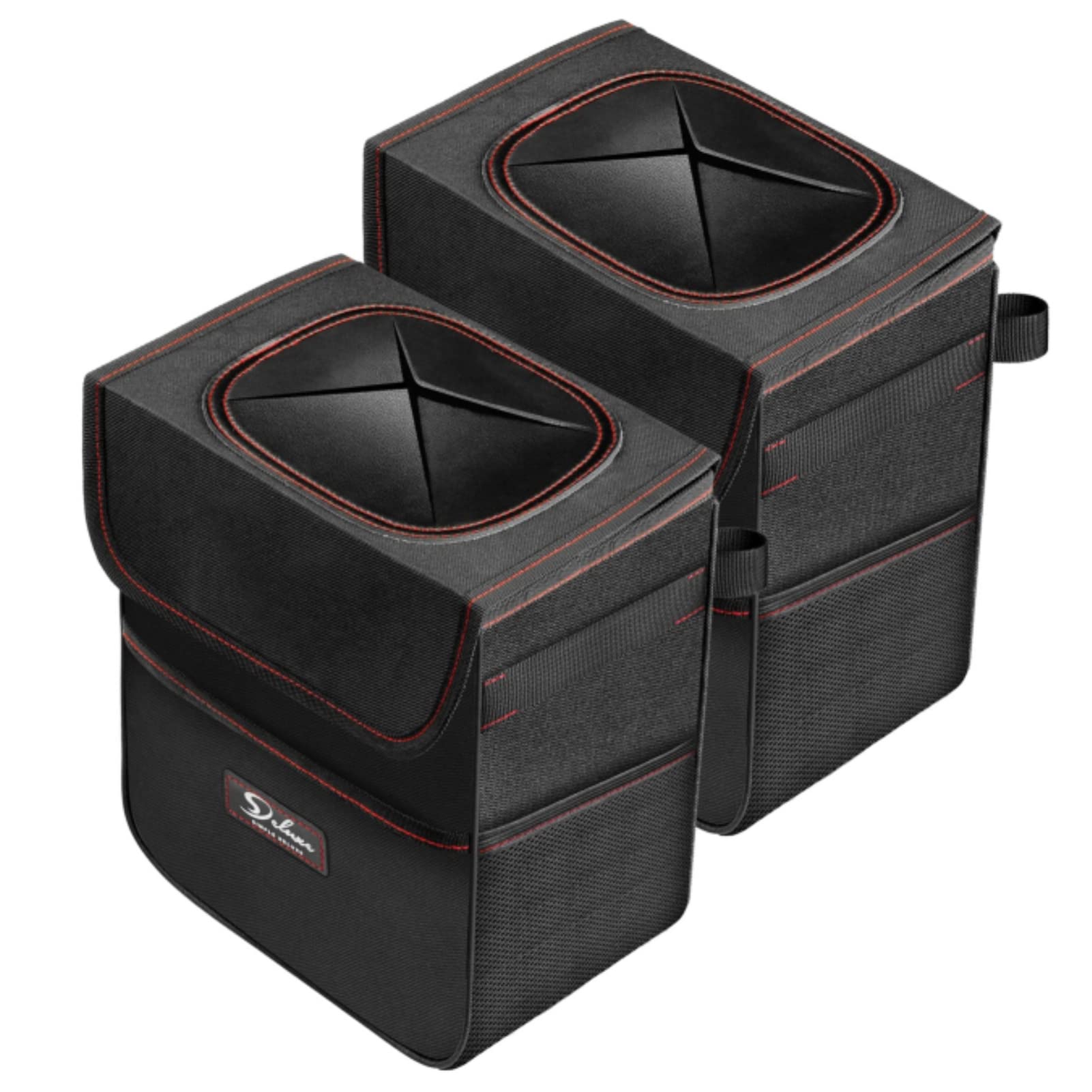 Simple Deluxe 2 Pack Leak-Proof Car Trash Can with Lid & Storage Pockets - Adjustable Straps, Collapsible & Waterproof 2 Gallon Auto Garbage Bin for SUV, Truck, Road Trips & Travel Accessories - Black