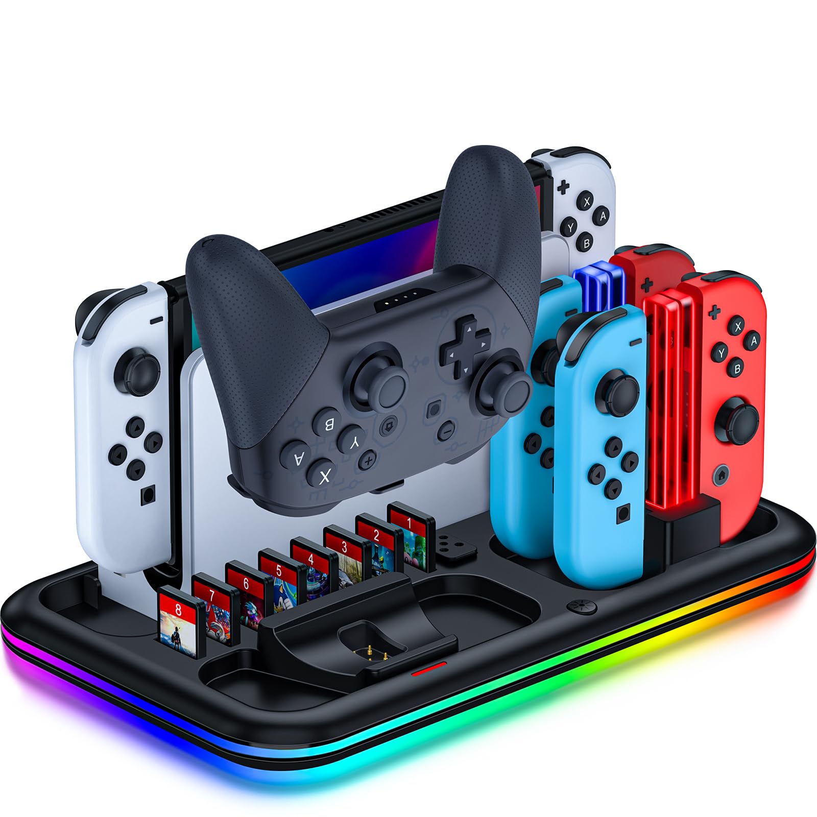RGB Charging Dock for Nintendo Switch/Switch Lite/OLED - Fast Charging Stand with 8 Game Card Slots & Pro Controller/Joy-Con Holder | Perfect for Gaming Setup, Travel & Multiplayer Sessions