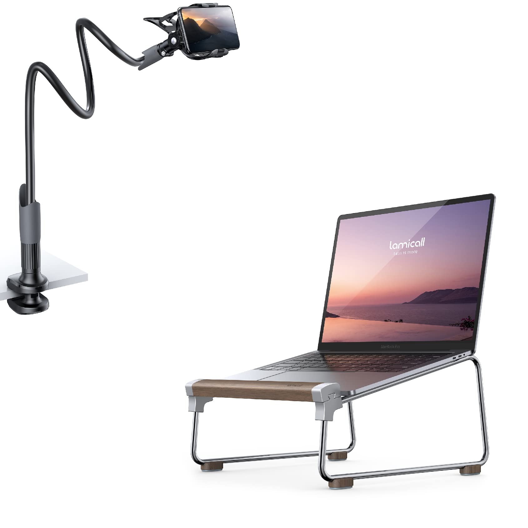 Lamicall Adjustable Gooseneck Phone Holder & Wooden Laptop Stand - Perfect for Home Office, Bed, Desk, and Hands-Free Video Calls