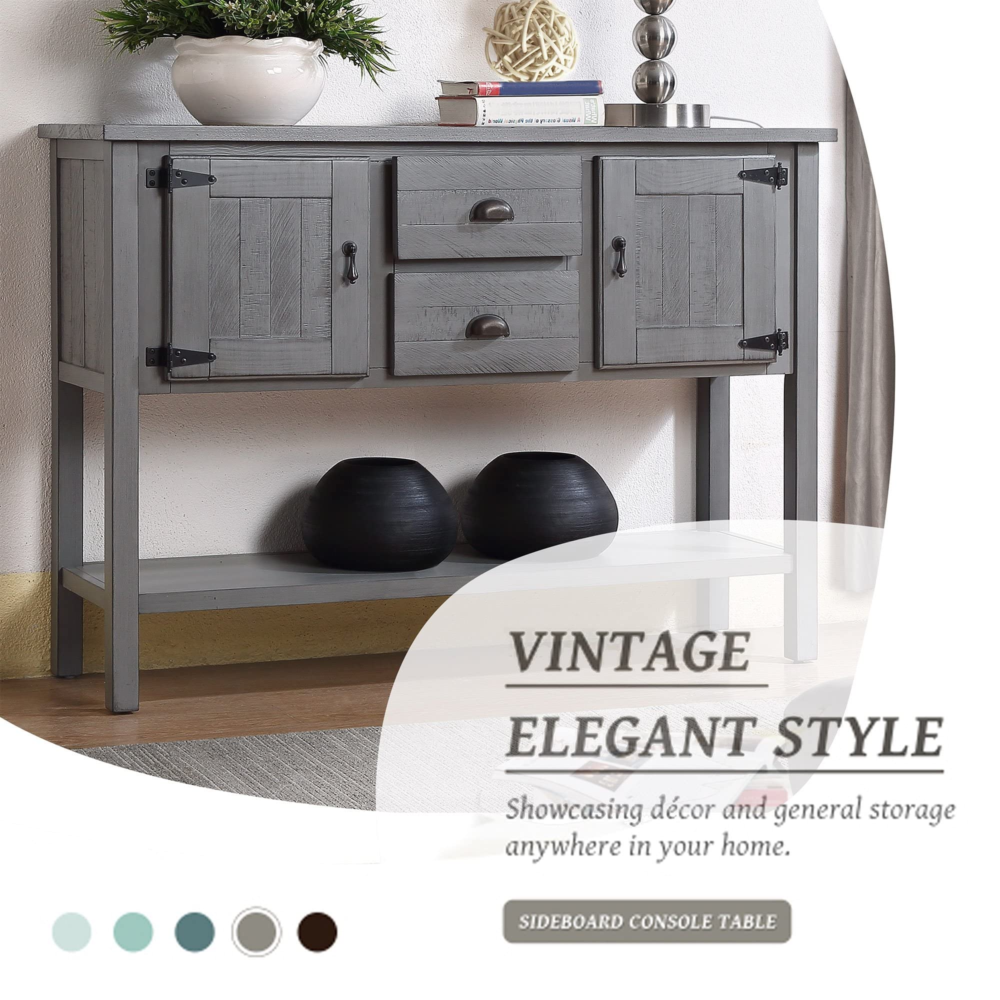 Knocbel Farmhouse Buffet Sideboard with 2 Storage Drawers & 2 Cabinets - Entryway Hallway Console Table, Coffee Bar Cabinet with Metal Handles (Antique Gray) - Perfect for Living Room, Dining Room & Home Office Storage Solution