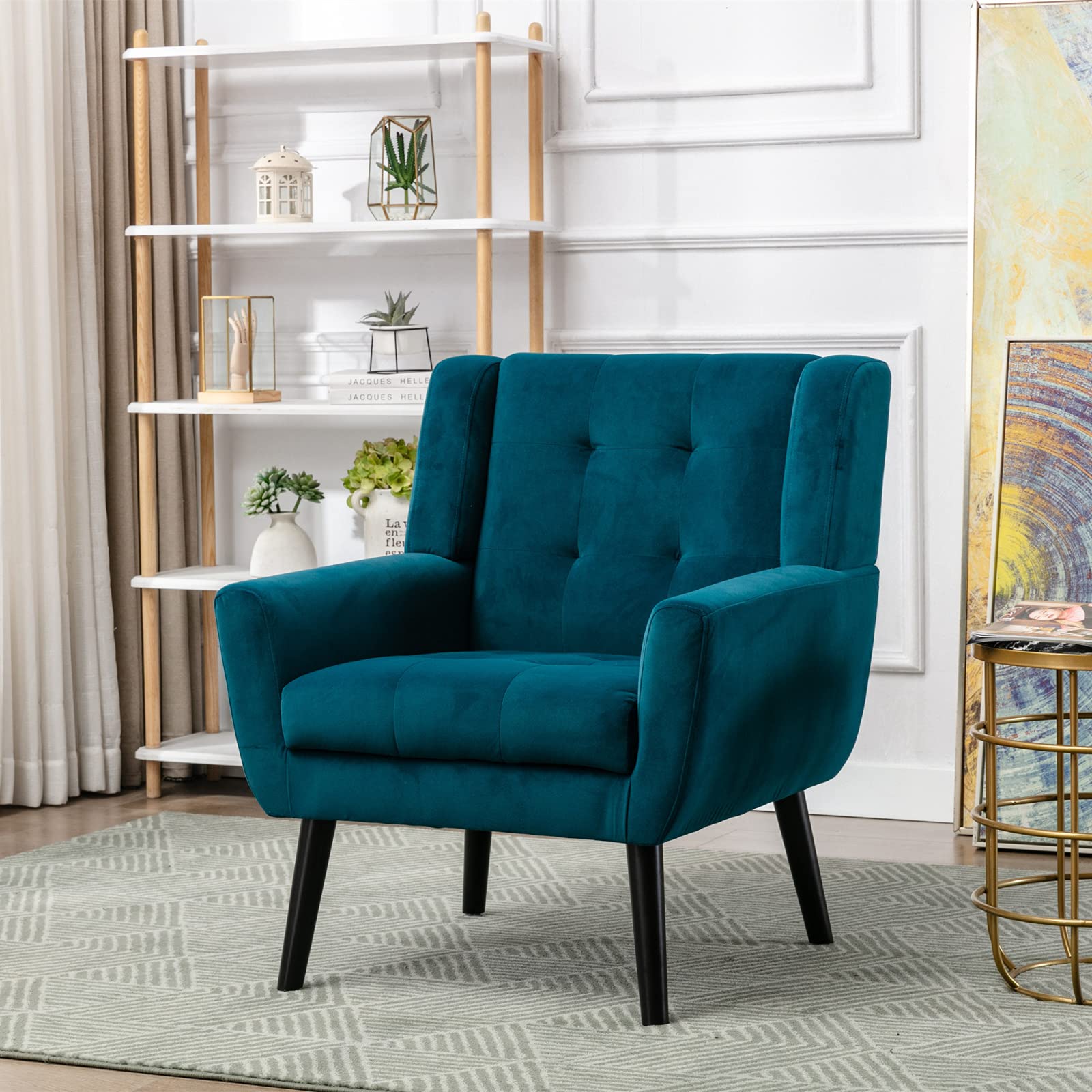 Velvet Accent Chair with Arms - Mid-Century Modern Club Chair, Button Tufted Wingback Armchair with Black Metal Legs for Living Room, Bedroom, Office | Reading Chair, Lounge Chair, Home Decor (Teal) | Perfect for Relaxing, Reading & Adding Stylish Comfort to Any Space