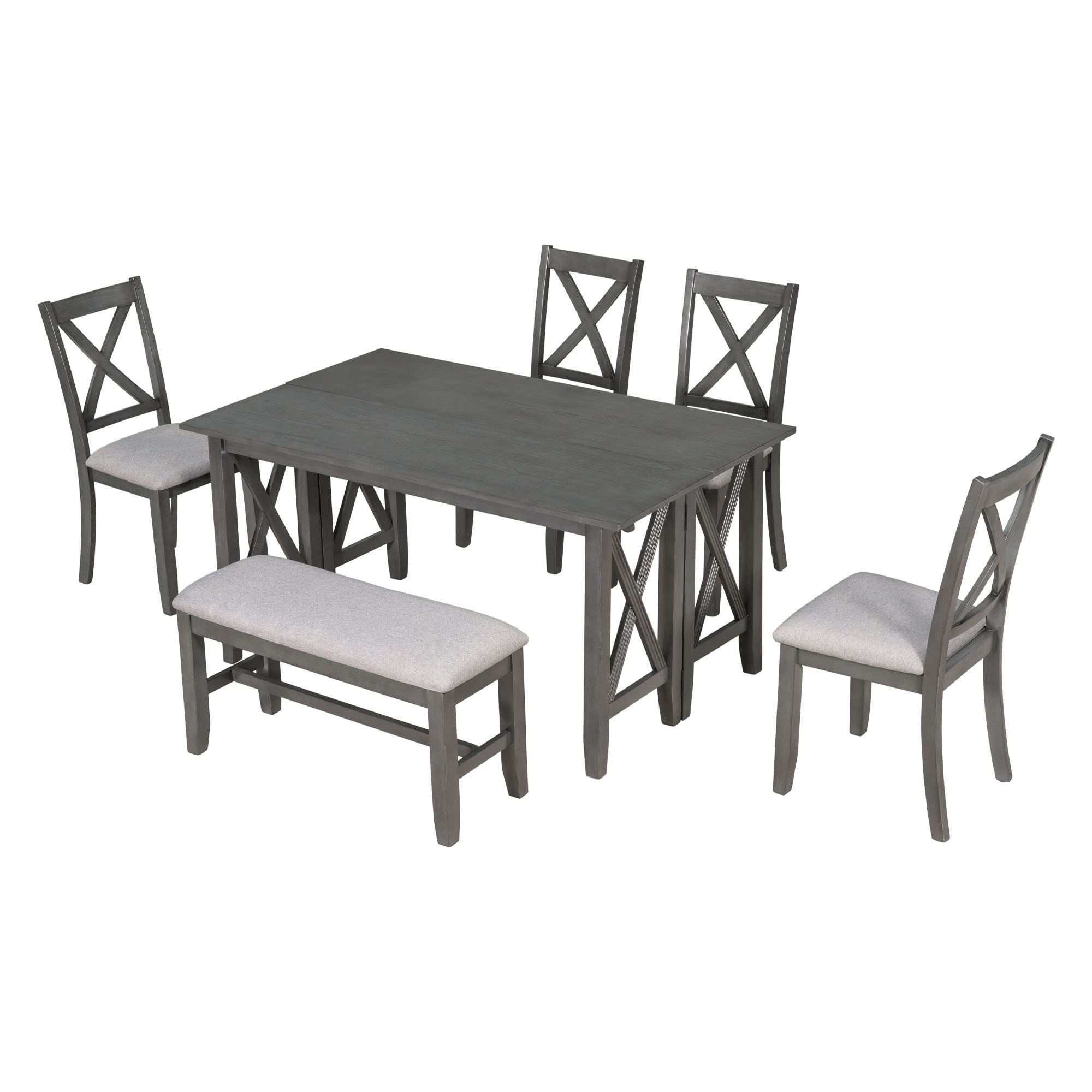 6-Piece Wooden Dining Table Set with Foldable Table, Upholstered Bench & 4 Chairs - Kitchen & Living Room Furniture for Family Gatherings (Gray) | Perfect for Small Spaces, Dinner Parties & Everyday Meals