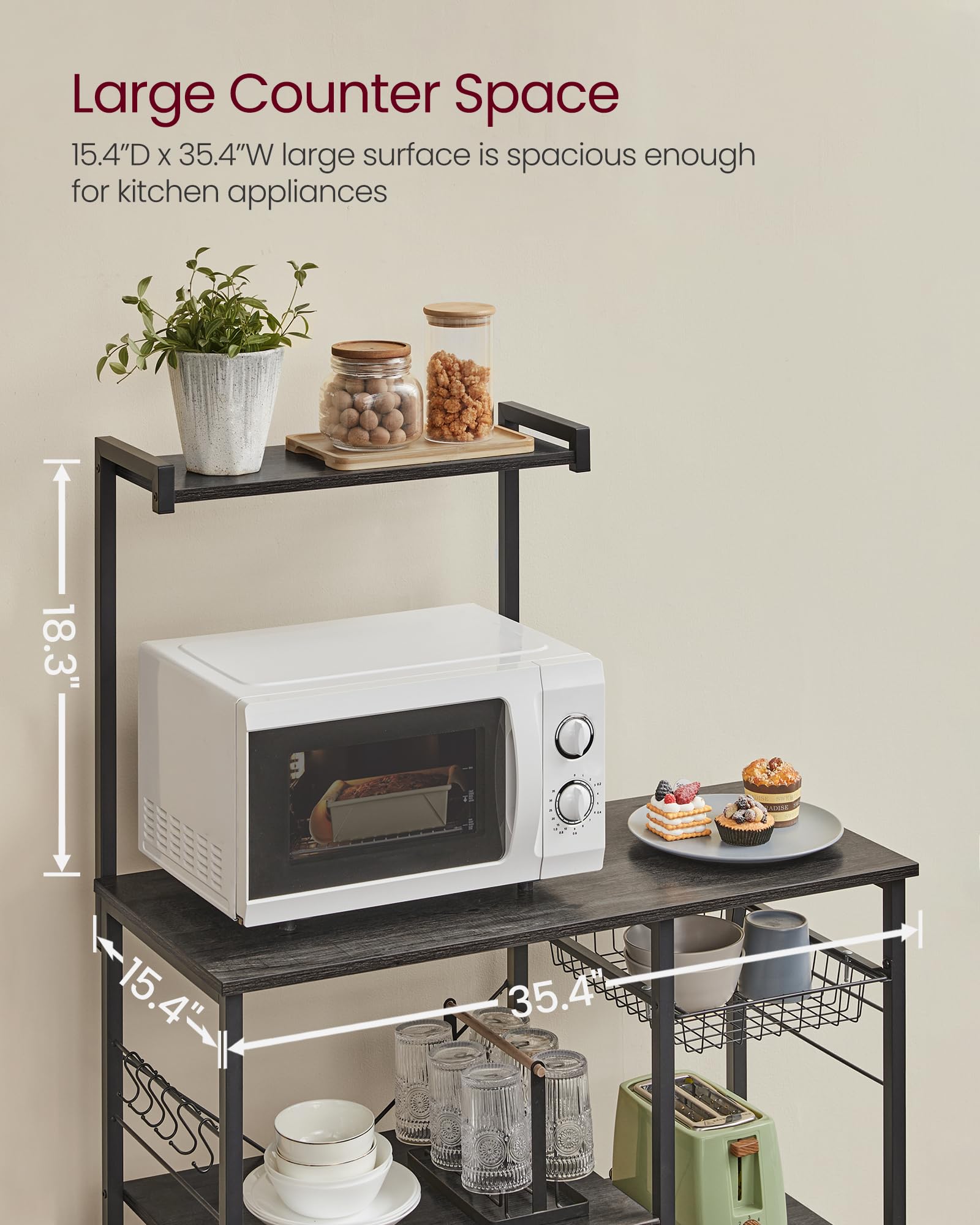 VASAGLE Kitchen Storage Rack with Shelves & Wire Basket - Microwave Stand, Baker's Rack with 6 Hooks for Spices, Pots & Pans - Charcoal Gray & Black UKKS035B04 - Perfect for Small Kitchens, Pantry Organization & Countertop Storage
