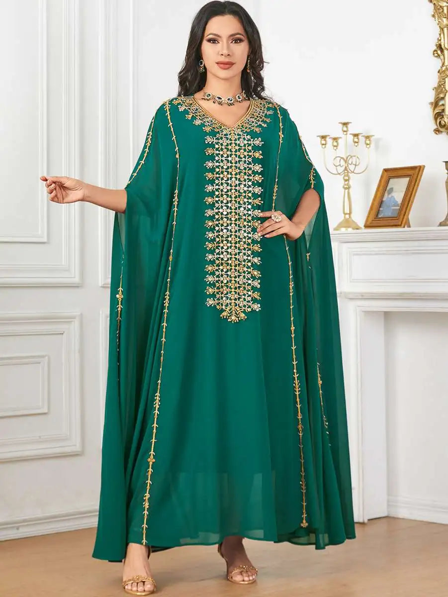 Elegant Eid Caftan Dress for Muslim Women - Flowy Chiffon Embroidery Maxi Dress - Perfect for Eid Celebrations, Weddings & Special Occasions