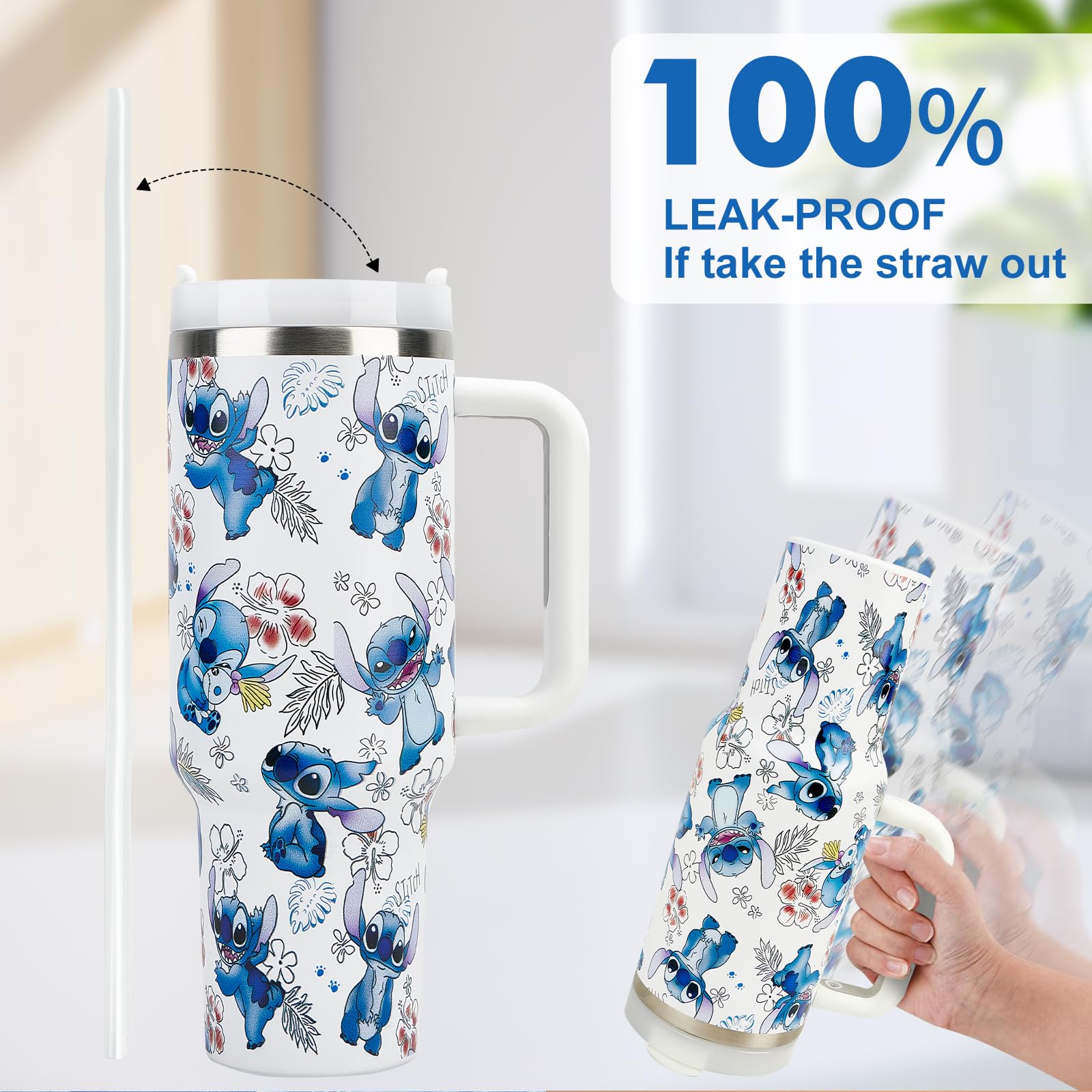 Stitch Stainless Steel Tumbler with Handle & Straw - 40oz Insulated Cup Holder Friendly Travel Mug - Perfect for Disney Lovers, Office, Gym & Outdoor Activities