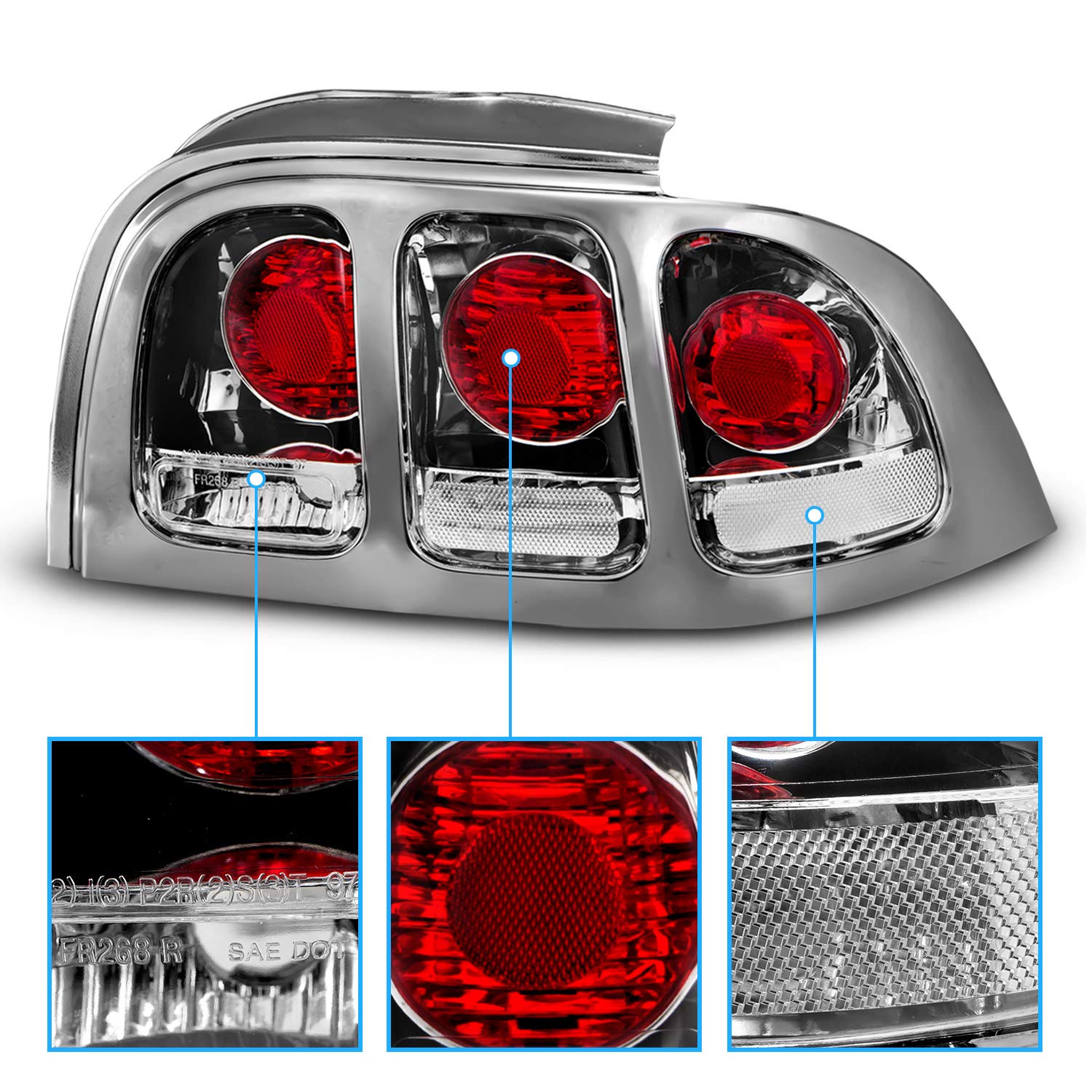 1994-1998 Ford Mustang Clear Chrome Taillights Replacement Set - Pair for Passenger & Driver Side | Enhances Visibility & Style for Night Driving & Car Shows