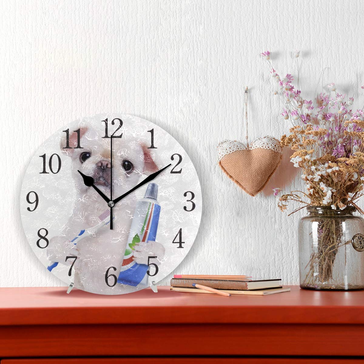 Silent Non-Ticking Dog Brushing Teeth Wall Clock with Arabic Numerals - Perfect for Living Room, Kitchen, Bedroom & Kids Room | Cute Pet-Themed Home Decor for Dog Lovers