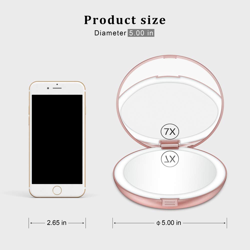 Benbilry 5 Inch LED Lighted Travel Makeup Mirror with 1x/7x Magnification - Dual Sided Portable Illuminated Vanity Mirror for Cosmetics & Skincare - Perfect for Travel, Home, Handbag & Makeup Application