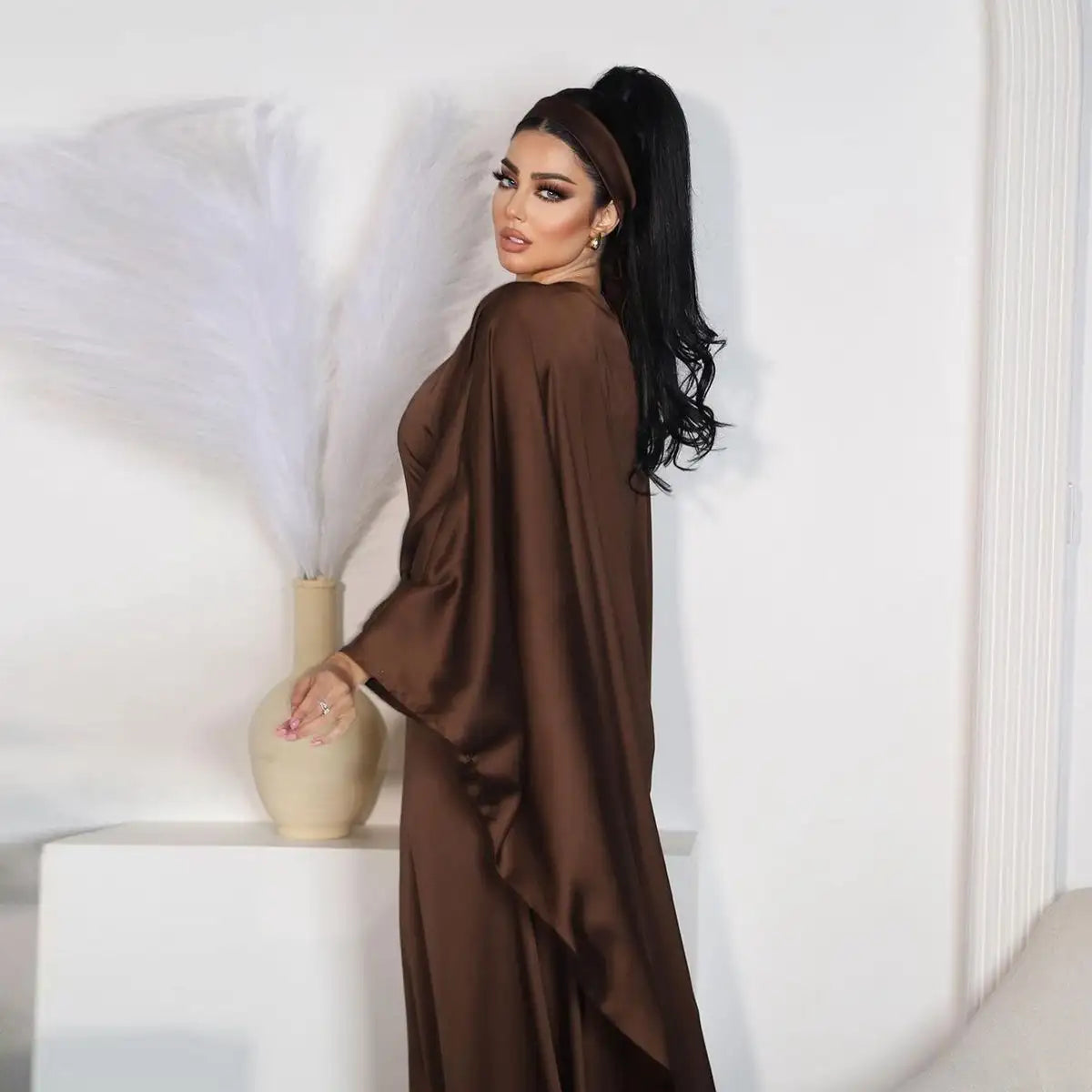Elegant Coffee Satin Batwing Sleeve Farasha Abaya Dress for Women - Modest Islamic Fashion for Prayer, Wedding & Special Occasions