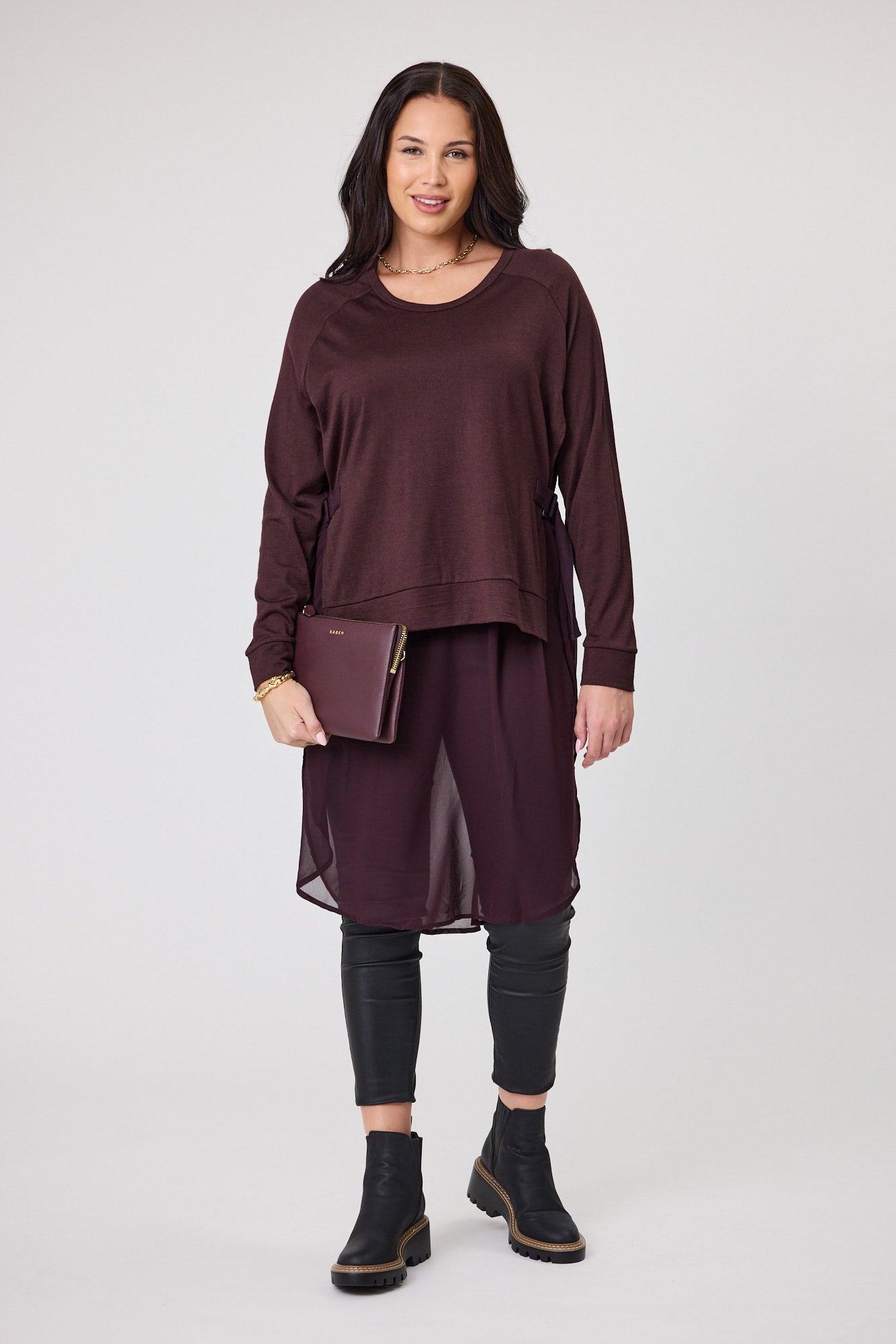 Alpine by Shine On Paris Women's Merino Wool & Chiffon Blend Tunic Top in Chocolate Brown - Perfect for Casual Outings & Office Wear