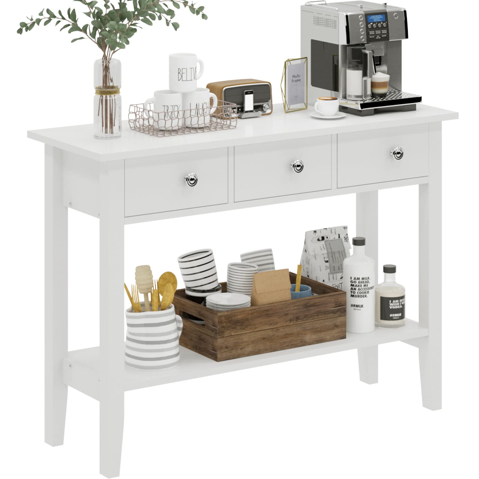 Soges 3-Drawer Console Table with Storage Shelf - Entryway Sofa Table, Hallway Table, Behind Couch Table - White - Perfect for Living Room, Corridor & Small Space Organization