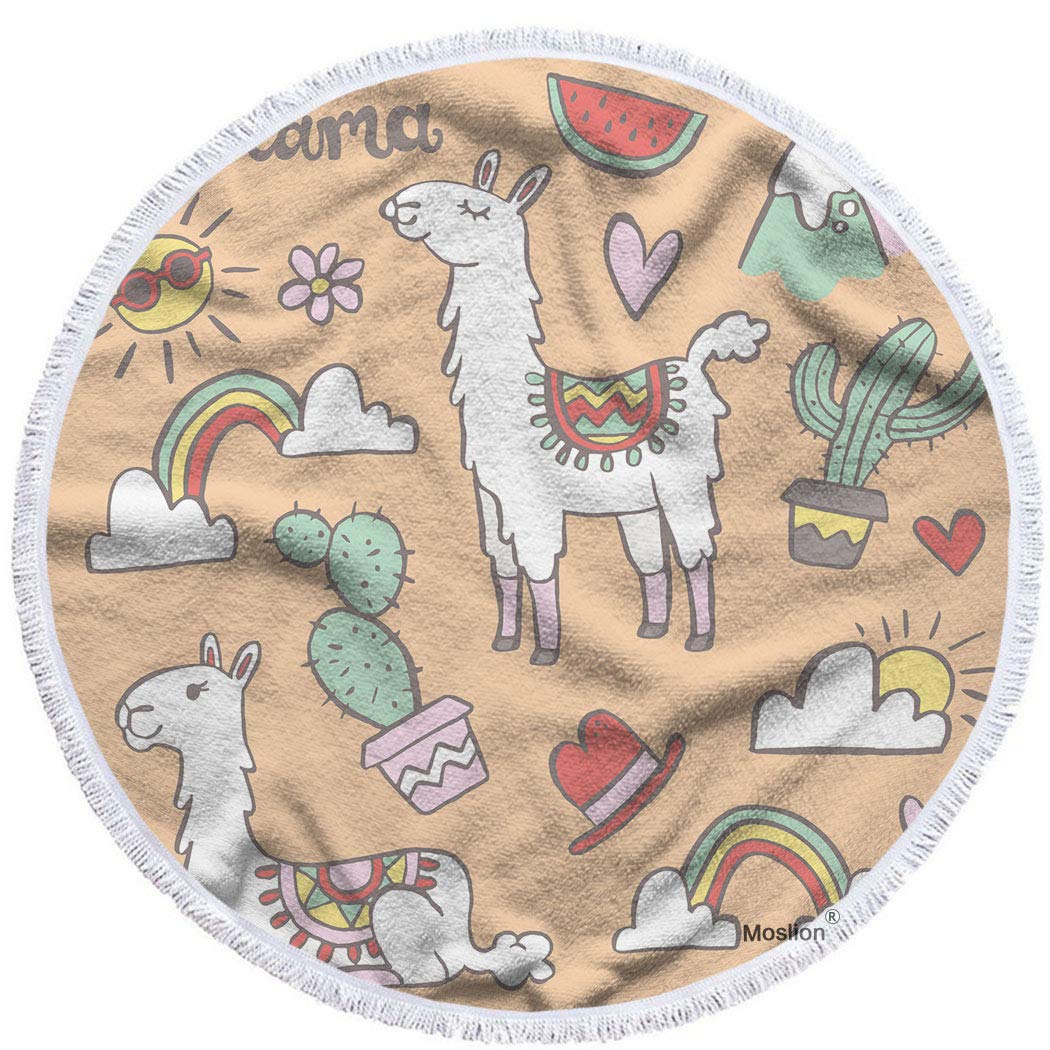**Moslion Oversized 63 Inch Round Beach Towel - Cute Cartoon Llama, Cacti, Rainbows, Hearts & Sun Design - Soft Microfiber & Polyester Blend - Perfect for Beach, Pool, Picnic, Yoga & Outdoor Activities**    (Note: This optimized title includes relevant keywords, removes redundancy, improves readability, and adds usage scenarios for better SEO and customer appeal.)