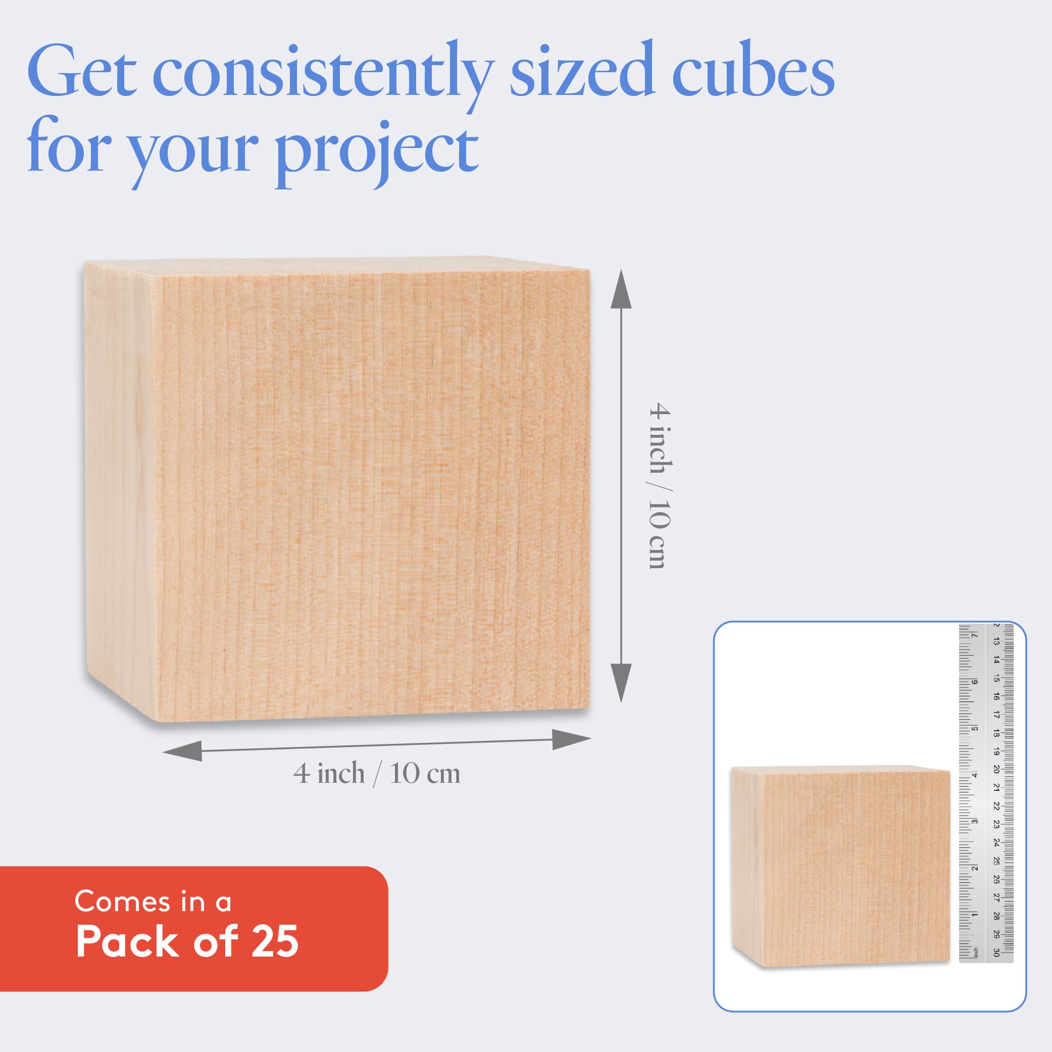 4-inch DIY Wood Cubes - Pack of 25 Large Unfinished Wooden Blocks for Craft Projects, STEM Learning, Building Activities, Monitor Stand, Photo Display & Home Decor | Perfect for Classroom, Office & Kids' Creative Play