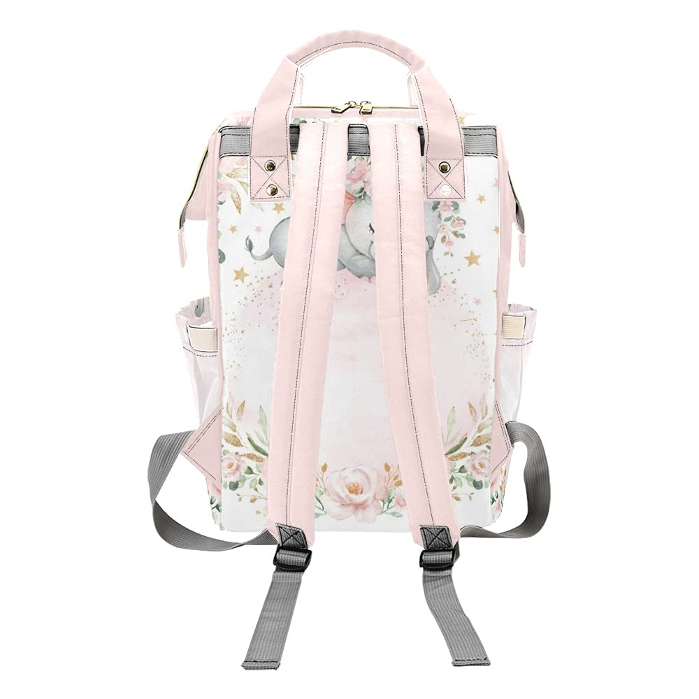 Personalized Blush Gold Elephant Floral Diaper Backpack - Large Capacity Custom Baby Bag with Name Text - Multi-Functional Unisex Travel Backpack for Mom, Dad, Boys & Girls - Perfect for Daycare, Travel & Family Outings