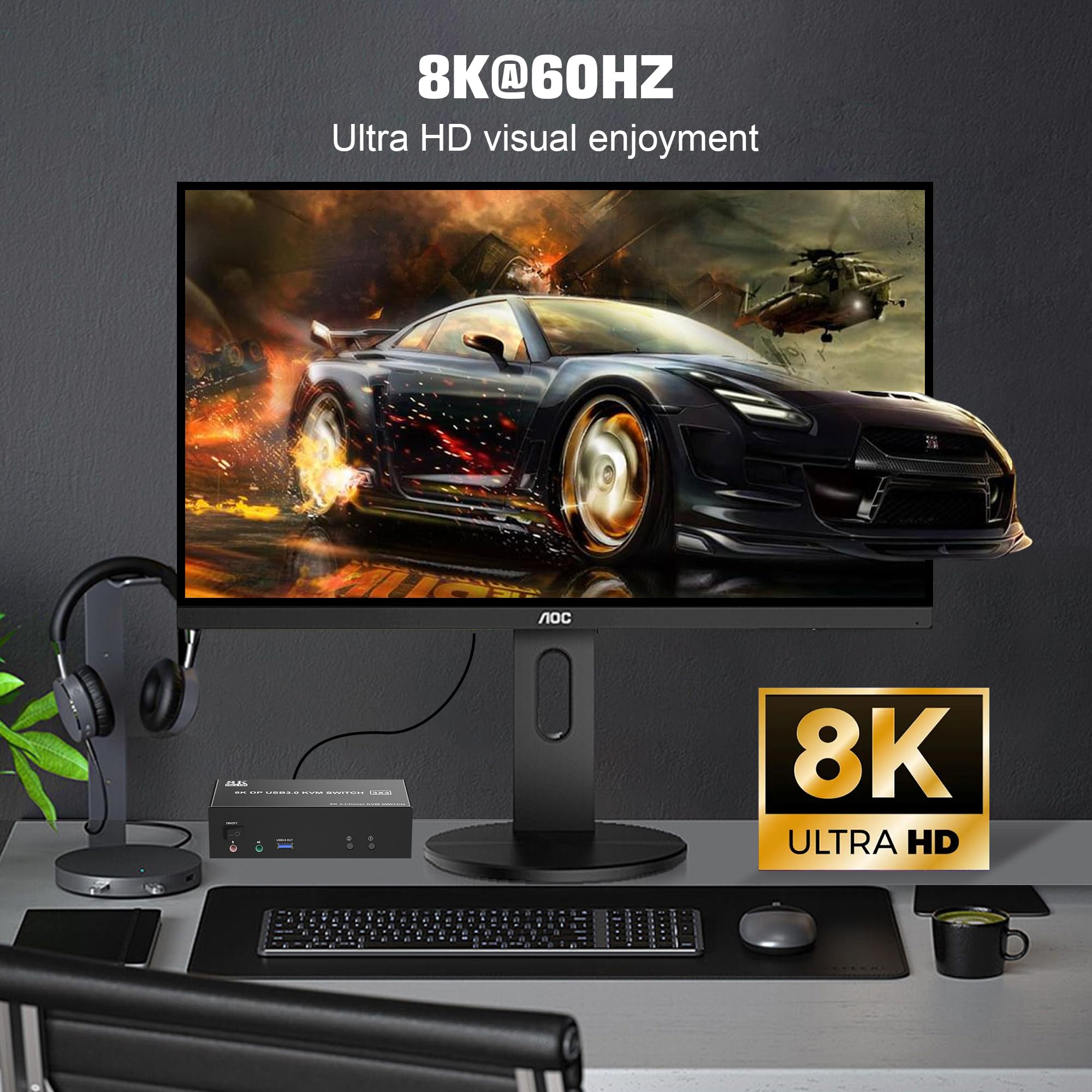 Clickfish 8K DisplayPort KVM Switch with USB 3.0 | Triple Monitor Support for 2 Computers | Manual Push Button Operation | Black | Perfect for Home Office, Gaming Setup & Multi-Device Workstations