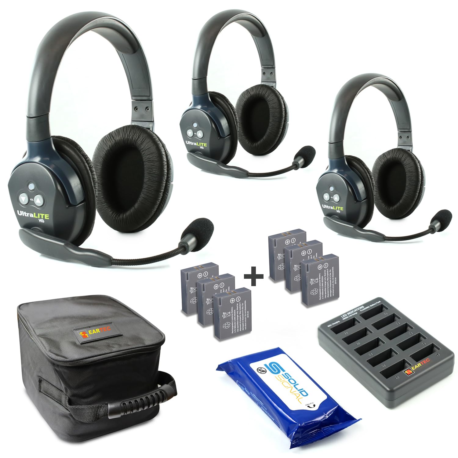 Eartec UL3D Ultralite Full Duplex Wireless Headset System for 3 Users - 3 Dual Ear Headsets with Extra Batteries & Cleaning Wipes | Perfect for Construction, Warehouse, Security Teams & Outdoor Activities