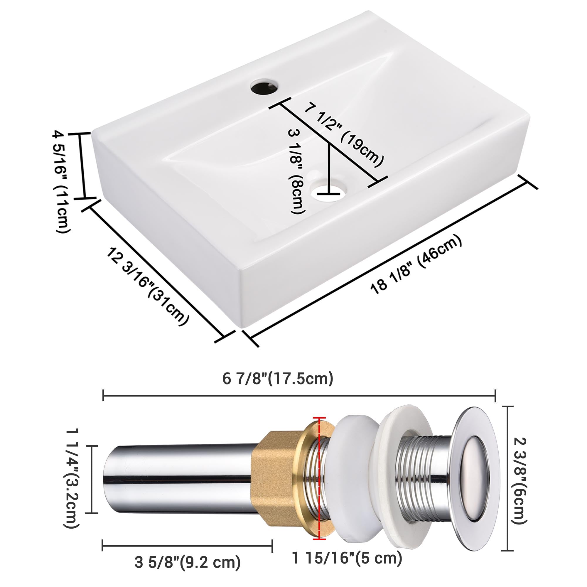 Aquaterior 2 Pack 18 Inch Rectangular Ceramic Bathroom Vessel Sink with Pop-Up Drain - Modern Above Counter Basin for Vanity, Powder Room, and Guest Bathroom
