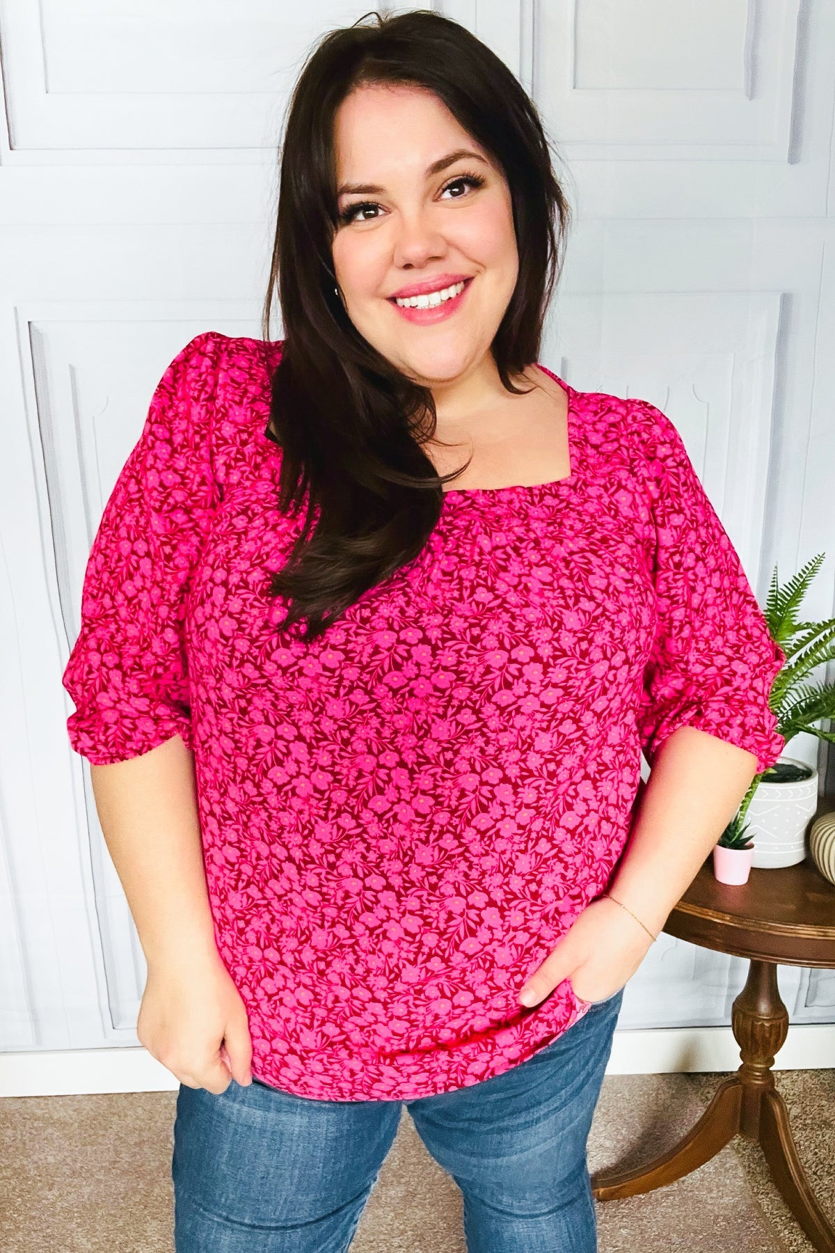 Perfectly You Fuchsia Floral Print Three Quarter Sleeve Square Neck Blouse for Women | Casual Spring Summer Tops for Office Wear & Date Night Outfits