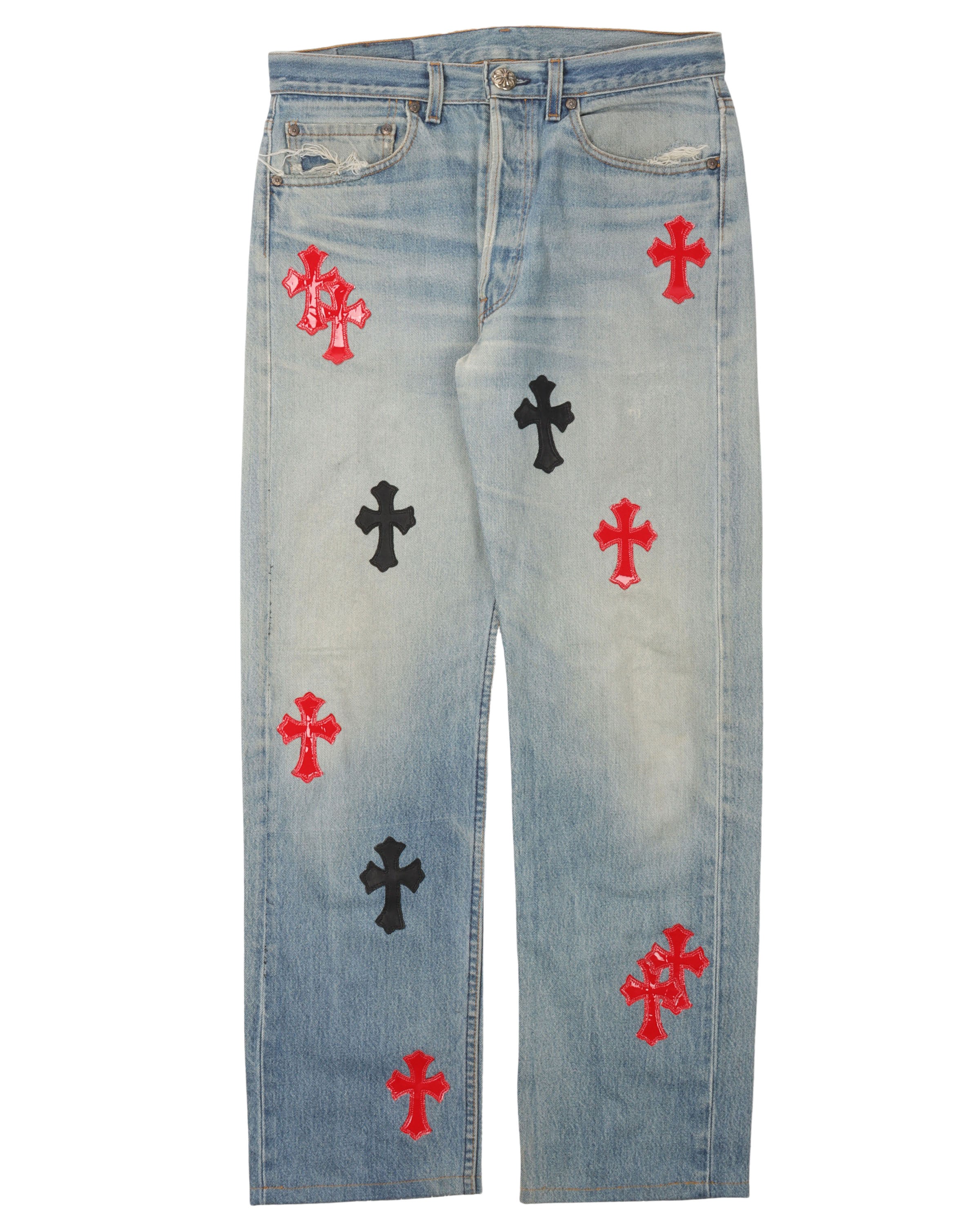 Unique 1 of 1 Patent Leather Cross Patch Levi's Jeans - Vintage Denim Pants for Streetwear & Fashion Collectors