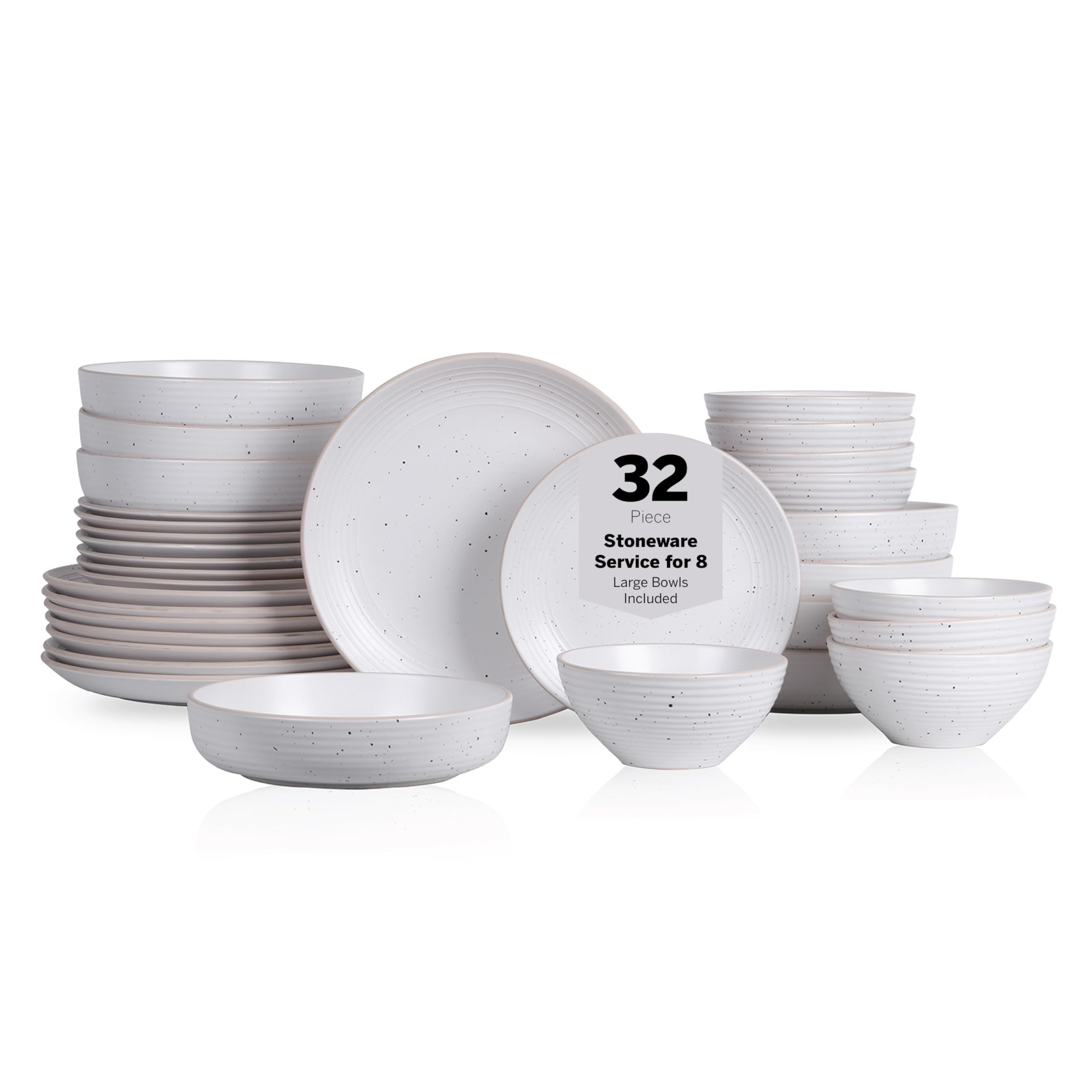 Lauren Modern Stoneware 32-Piece Round Dinnerware Set - 8-Person Plates & Bowls in Off White | Durable Stoneware Dinner Set for Family Gatherings, Restaurants & Everyday Dining