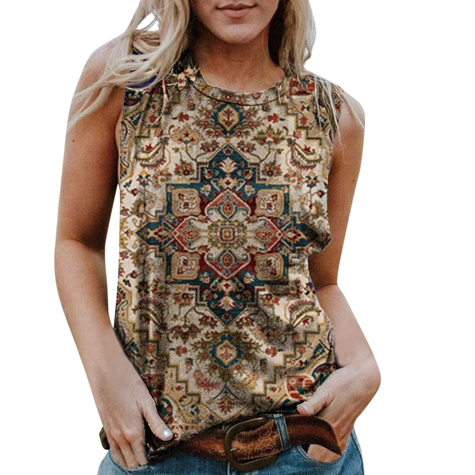 2024 Women's Summer Casual Aztec Print Sleeveless Vest Tops - Round Neck Loose Fit Splice T-Shirts for Beach, Vacation & Everyday Wear