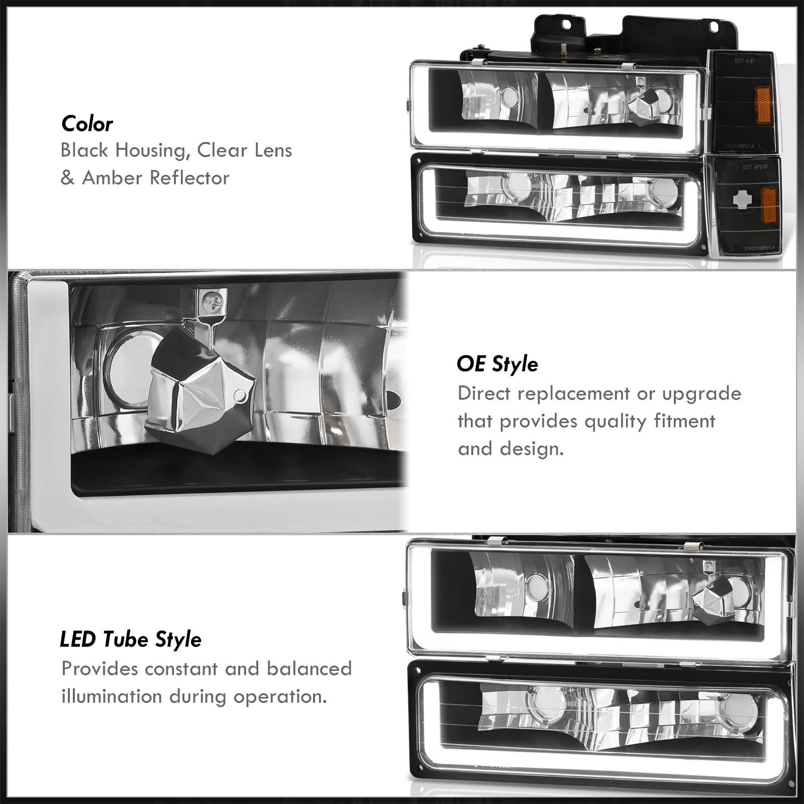Black Amber LED DRL Driving Headlights + Corner Bumper Signal Lamps - Compatible with Chevy C10 C/K C1500 C2500 C3500 K1500 K2500 K3500 Blazer Silverado Suburban (1988-1993) | High Visibility Daytime Running Lights for Enhanced Safety & Style