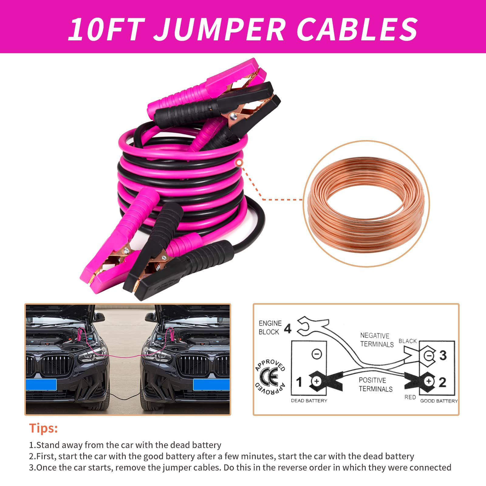 Roadside Emergency Car Kit with Jumper Cables & Safety Hammer - Pink Vehicle Safety Accessories for Women & Teen Girls - Perfect for Road Trips & Daily Commutes