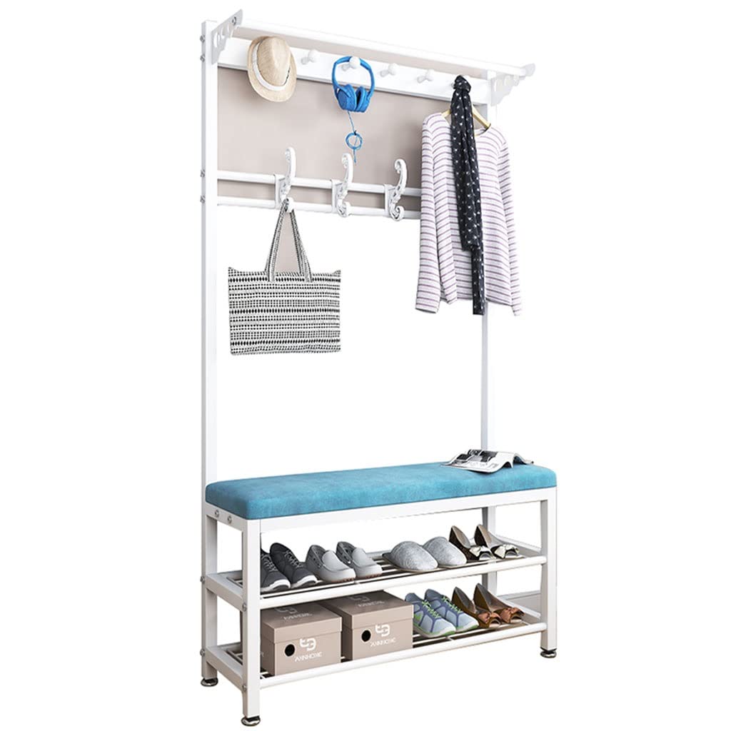 OTBK Freestanding Coat Rack with Storage Bench - Entryway Hall Tree Organizer with Hooks & Shoe Storage, 100cm White Blue - Perfect for Hallway, Foyer, Mudroom & Small Space Organization