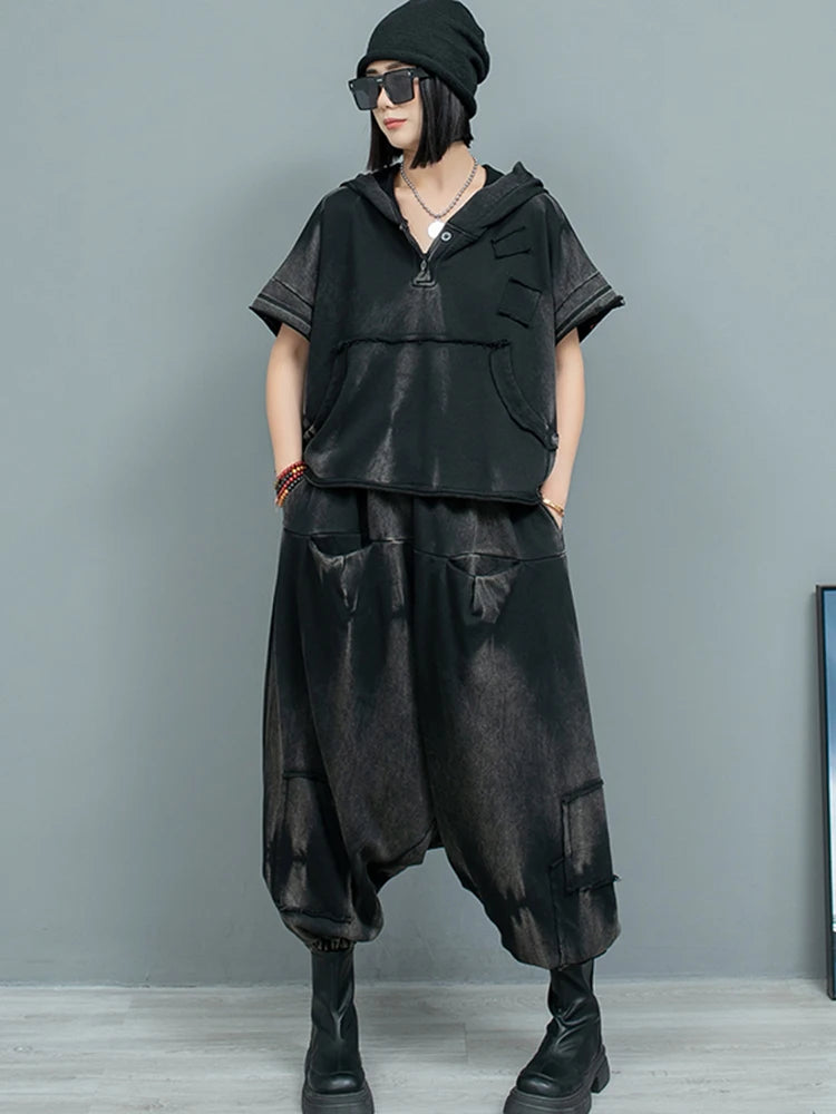 Big Size Women's Sweatshirt & Cross Pants Two-Piece Set - Hooded Short Sleeve Fashion Outfit for Spring/Autumn 2025 (Style 1DH9474) | Casual Streetwear, Lounge Wear & Trendy Outfit for Daily Wear