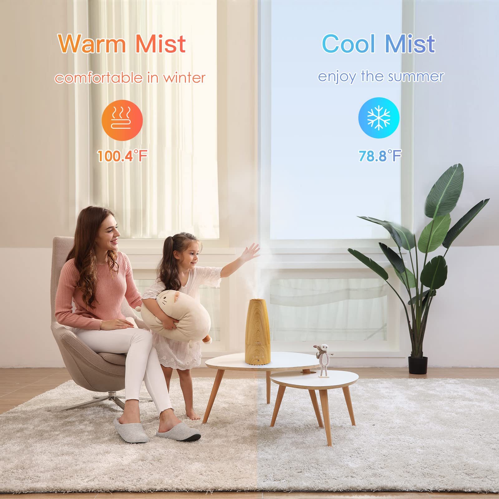 Elecameier Smart Cool & Warm Mist Humidifier - Ultrasonic Quiet (25dB) with Remote Control, Auto Shut-Off & Night Light - Perfect for Home, Bedroom, Office, Nursery & Baby Rooms - Wood Grain Design for Modern Decor