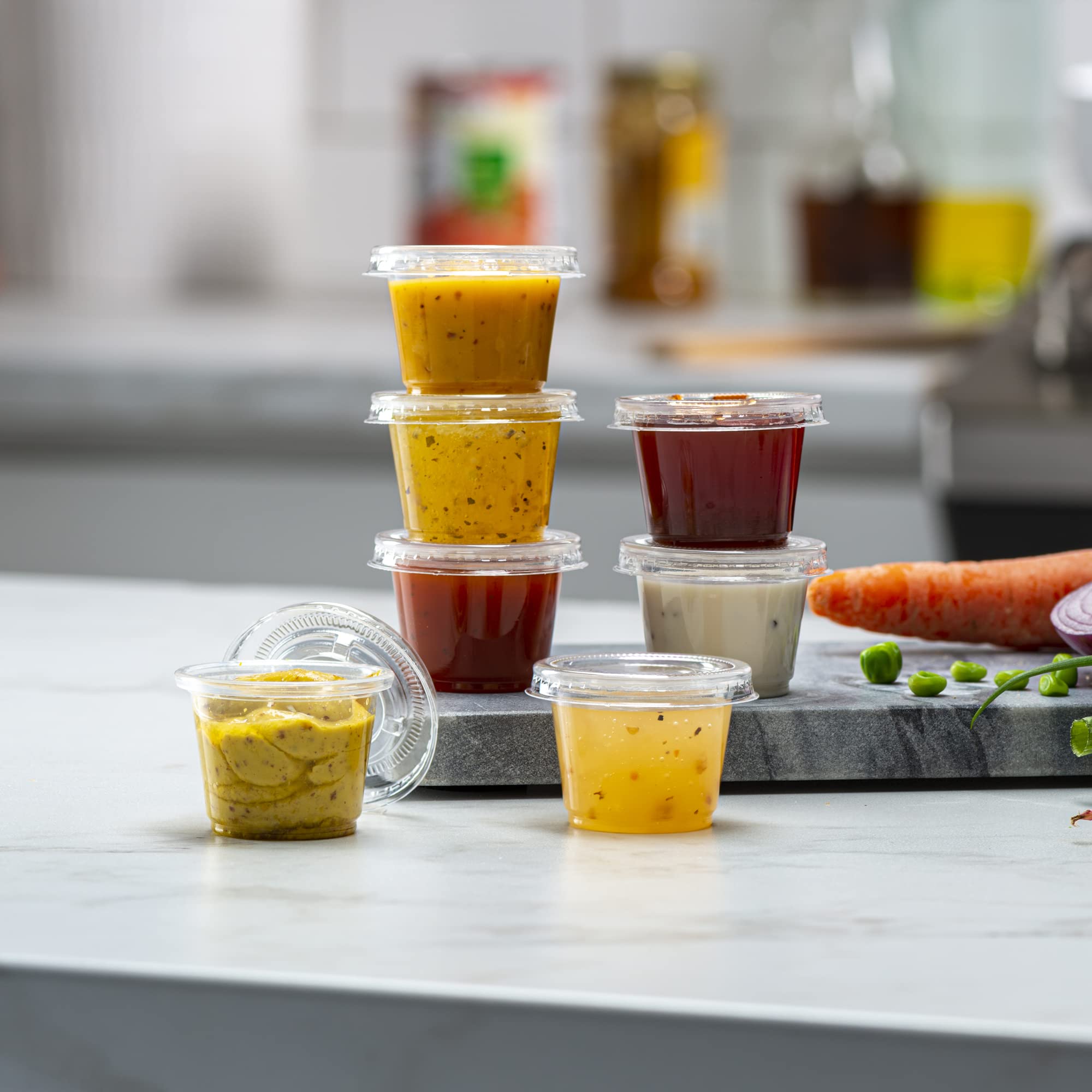 (1 oz - 200 Sets) Clear Disposable Plastic Portion Cups with Lids - Small Mini Containers for Portion Control, Jello Shots, Meal Prep, Sauces & Condiments - Perfect for Parties, Catering, Restaurants & Home Use