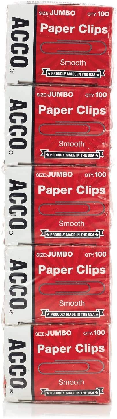 ACCO Jumbo Smooth Economy Paper Clips - 100 Clips per Box, 5-Pack (72580) - Perfect for Office, School & Home Organization
