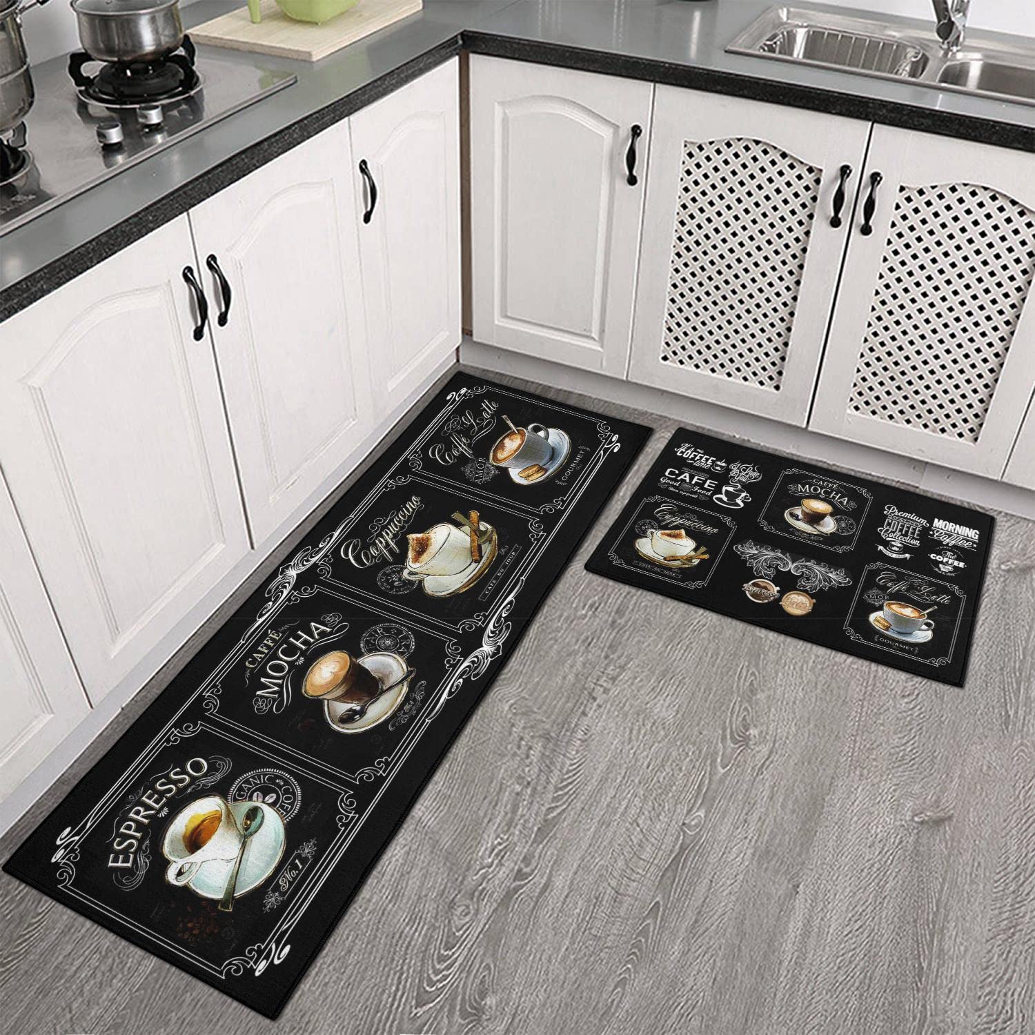 Premium Non-Slip Kitchen Rugs Set of 2 - Black Coffee Cup Latte Art Design, Super Absorbent & Washable, Waterproof Kitchen Sink Mats for Coffee Lovers - Perfect for Kitchen, Laundry Room & Entryway Decor