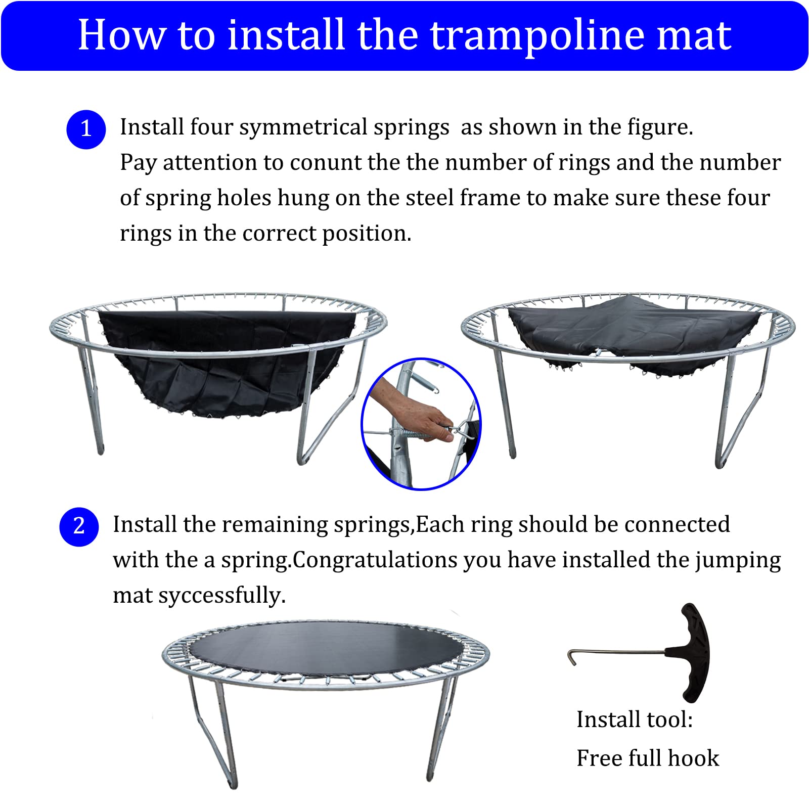 15ft Round Trampoline Replacement Mat - Heavy Duty Jumping Mat with 90/96/100/108 Rings for 5.3-8.5