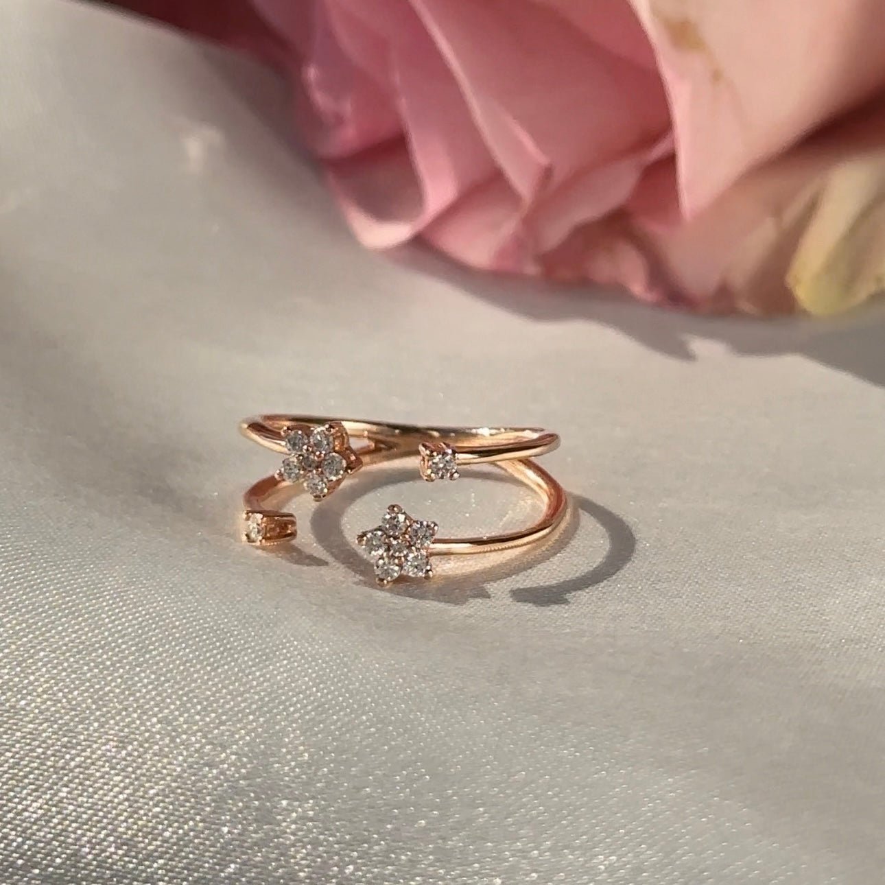 14k Rose Gold Floating Diamond Flower Wrap Ring - Elegant Stackable Band for Women, Perfect for Weddings, Anniversaries & Everyday Wear