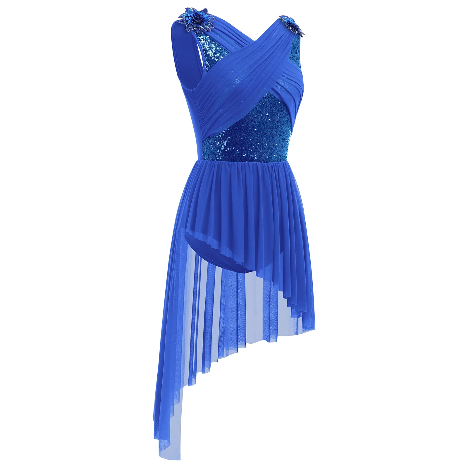 AFAVOM Women's Lyrical Dance Dress with Sequin Flower & Asymmetric Flowy Tulle Skirt – Elegant Contemporary Dance Costume for Performances, Recitals & Competitions