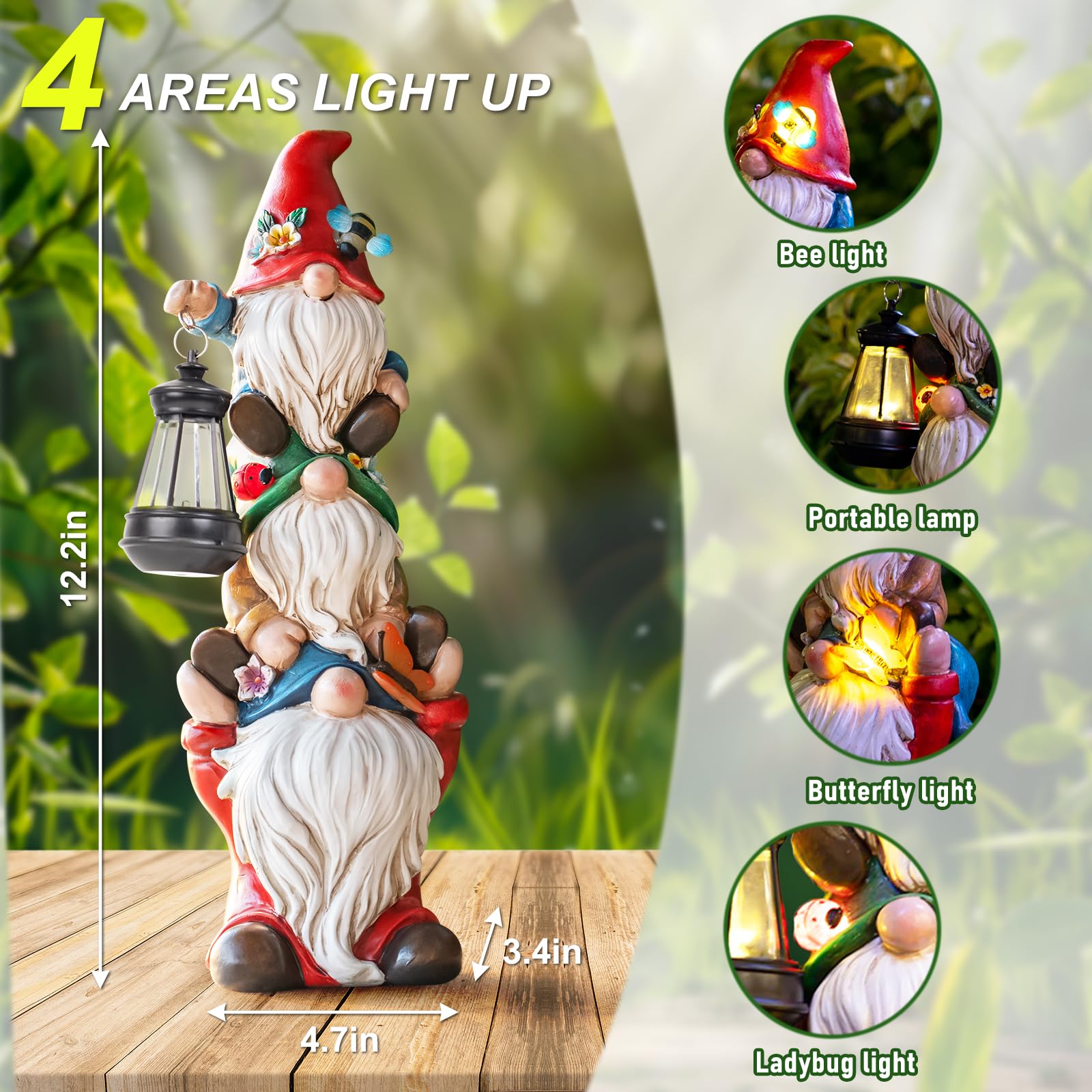 Solar-Powered Large Garden Gnome Statue - Funny Triple Gnome Outdoor Decor for Patio, Lawn, Yard & Balcony - 12 Inch Spring Gnomes Home Gift for Women & Mom - Perfect for Garden Parties & Outdoor Lighting