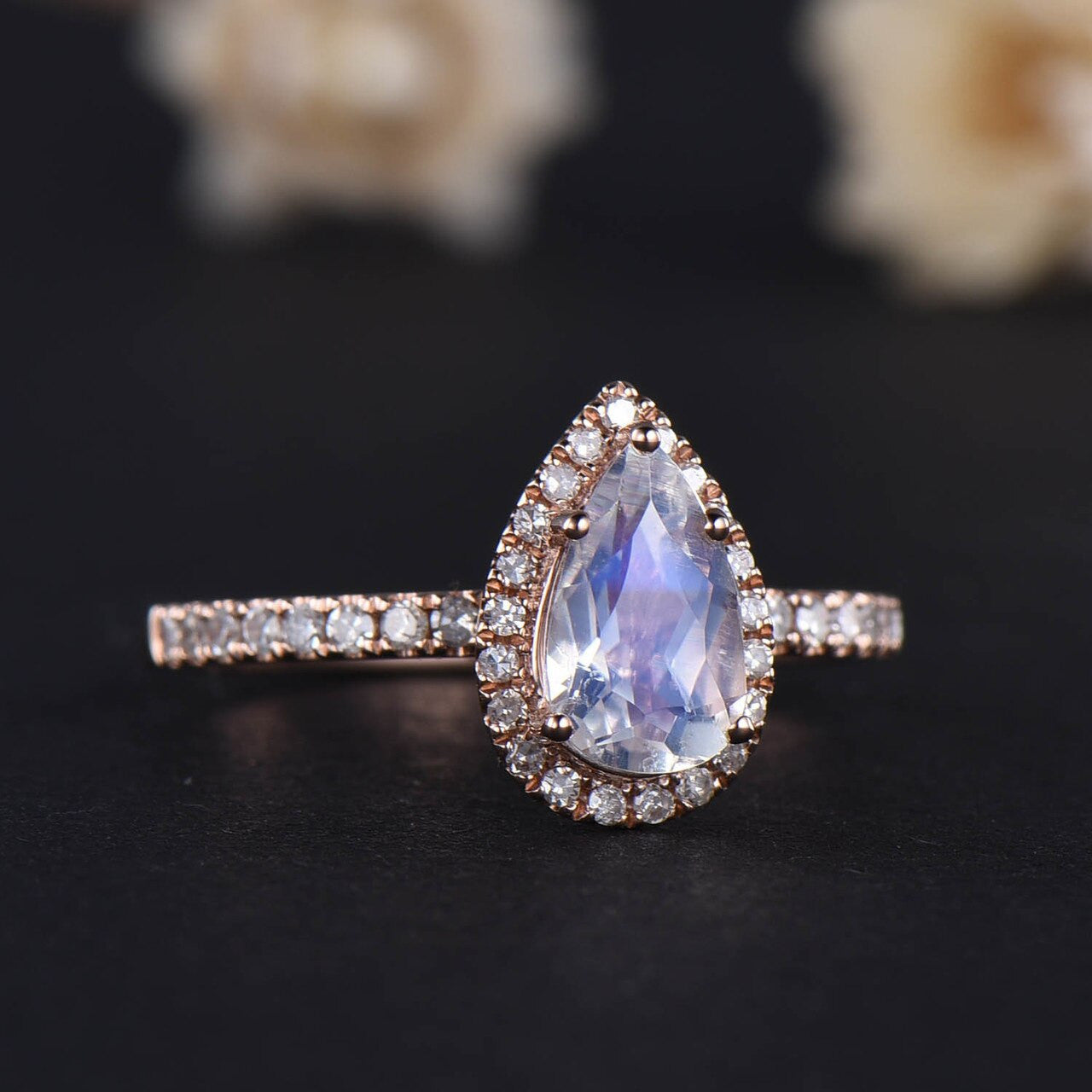 18K White Gold Water Drop Moonstone Ring with Diamond Halo | European & American Fashion Jewelry for Women | Perfect for Weddings, Parties & Everyday Elegance