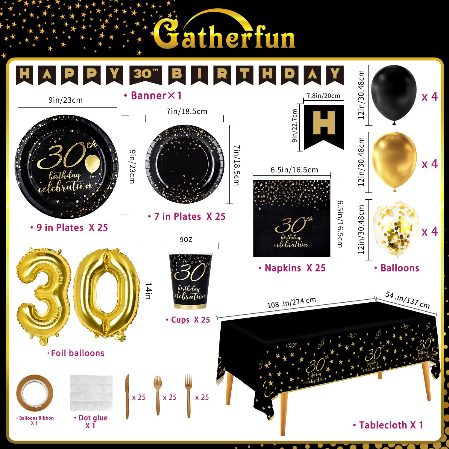 Gatherfun 30th Birthday Party Supplies Set - 30 Disposable Paper Plates, Napkins, Cups, Cutlery & Tablecloth - Black & Gold Decorations for Men & Women (Serves 25) - Perfect for Milestone Birthdays, Anniversary Celebrations & Themed Parties