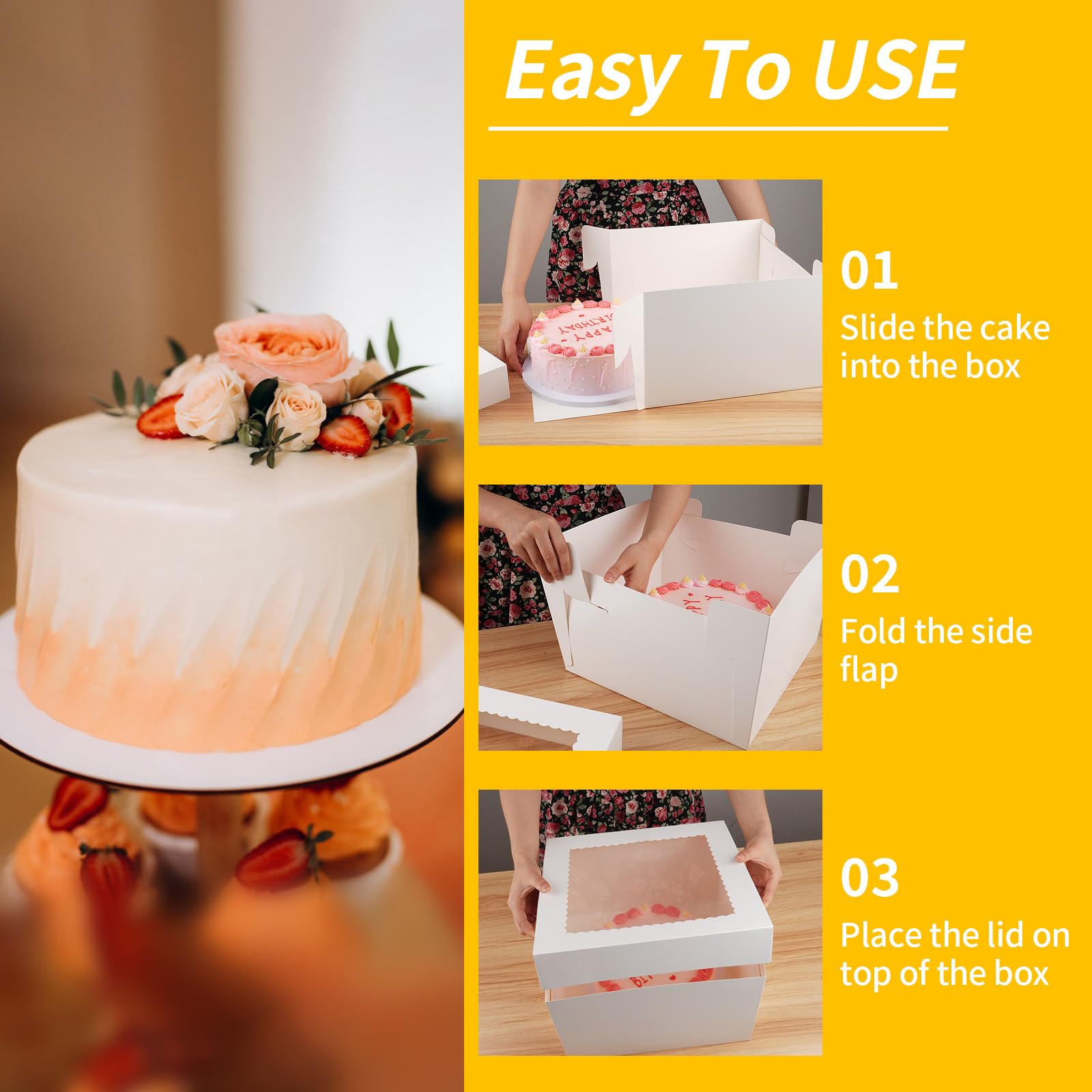 WINKIO 12x12x8 Inch White Cake Boxes 4-Pack with Window - Perfect for Cookies, Pies & Cupcakes