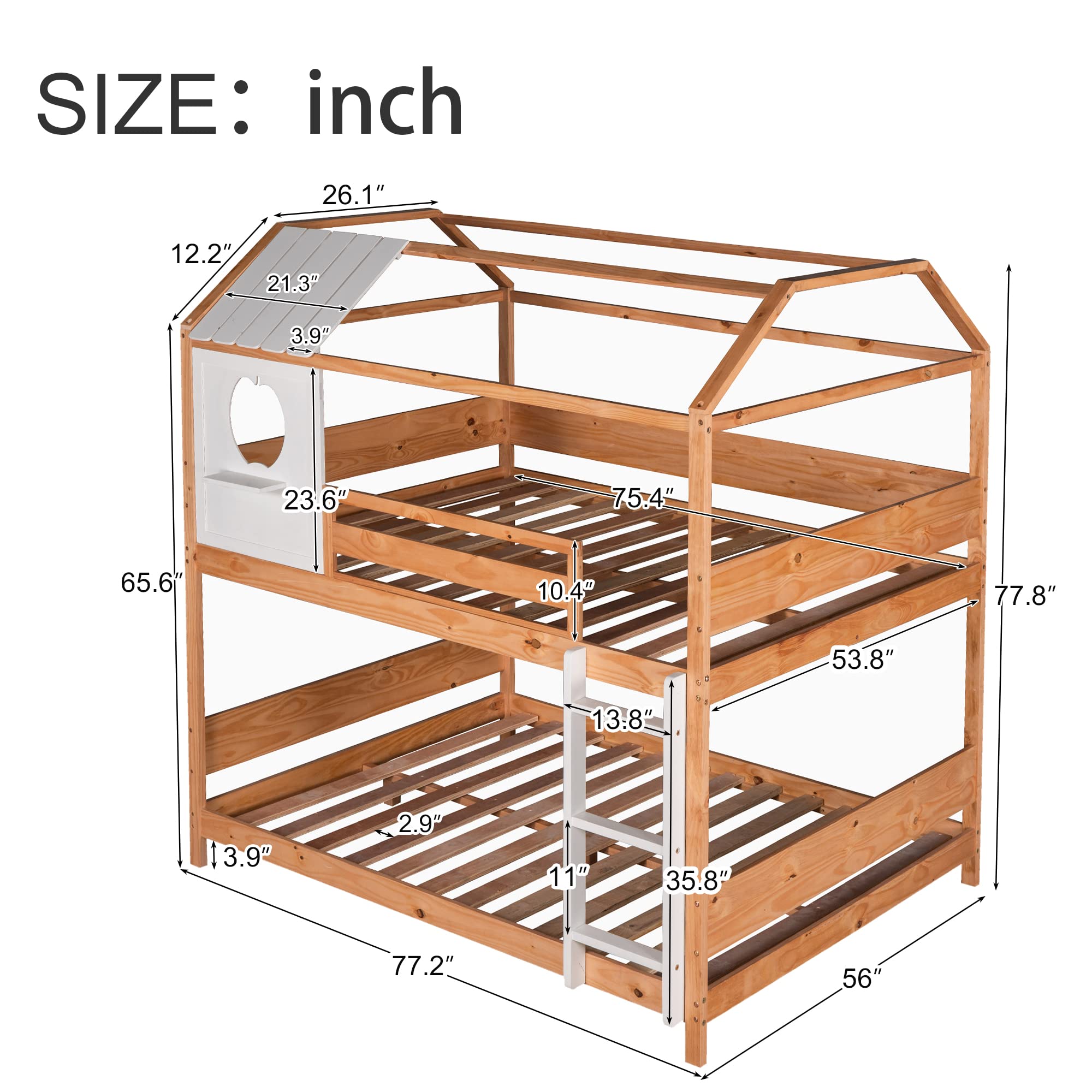 Full Over Full Size Solid Wood Bunk Bed with Window/Roof Design, Built-in Little Shelf & Full-Length Guardrail - Low Profile Frame, No Box Spring Needed - Perfect for Kids' Bedrooms, Guest Rooms & Small Spaces
